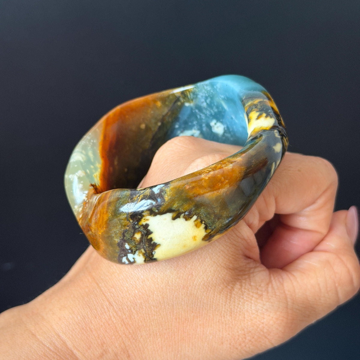 53.3mm Xiu Jade Serpentine Multi-colour Irregular Bangle: Natural Blue Brown Yellow White Green Jade Bracelet, Stone Carving Gemstone Jewelry untreated jade women bangle blue jade green jade white jade brown jade yellow jade multi color jade birthday gift for her wide bangle vintage bangle stone bracelet