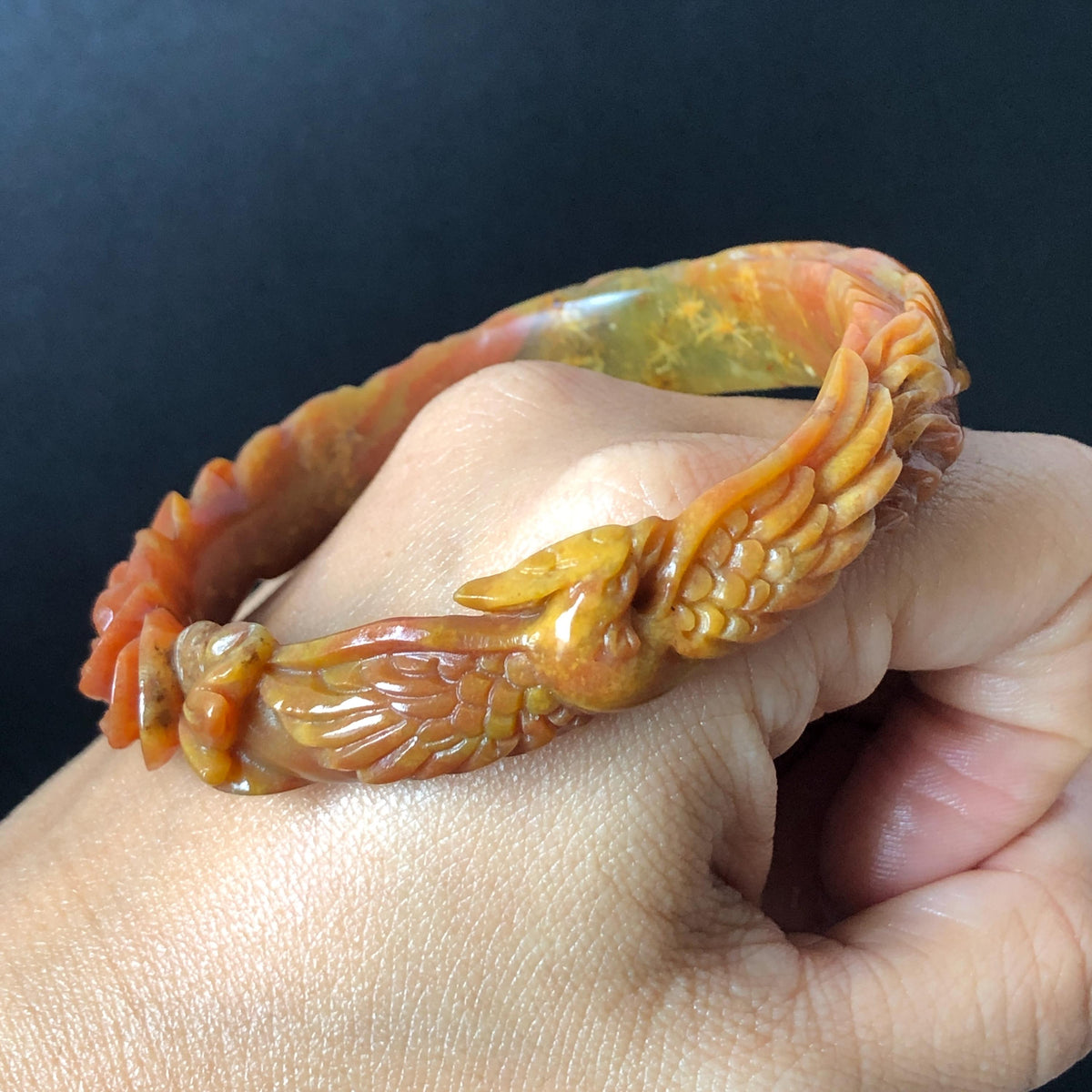 Custom Size 50-62mm! Xiu Jade Fire Phoenix & Red Peony Hand Carved Bangle: Certified Natural Serpentine Yellow Red Jade handcrafted Bracelet 3D stone carving Accept Customized order tailor-made bangle customized gift phoenix lover gift for her natural jade with certificate bracelet red jade yellow jade multicolour jade certified jade stone bangle gemstone bracelet jade carving phoenix carving peony carving personalized gift make to order chinese untreated jade birthday gift hallow out