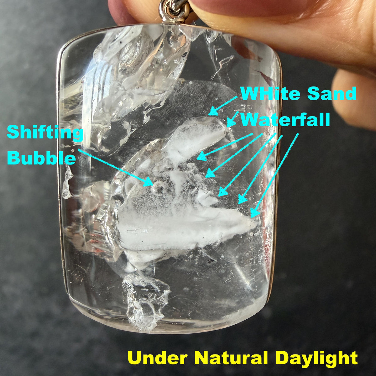 Ultra Rare! Polished Enhydro Quartz White Sand Waterfall & Shifting Bubble Inclusion Crystal Pendant Necklace | Winter Snow | Natural Gemstone Birthstone Gift for her  quicksand enhydro quartz sand water-fall pendant necklace choker gemstone charm polished stone pendant crystal charm birthstone men necklace chakra crystal minerals specimen sterling silver wire wrapped pendant inclusion quartz white sand inclusion rainbow quartz bubble inclusion cabochon inclusion crystal palm stone bird charm