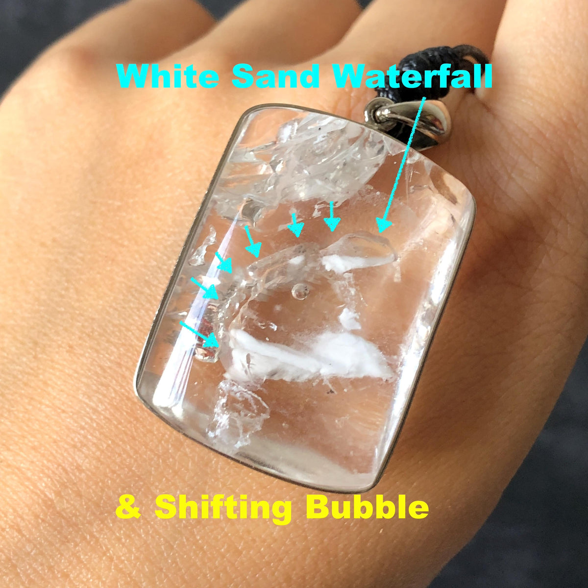 Ultra Rare! Polished Enhydro Quartz White Sand Waterfall & Shifting Bubble Inclusion Crystal Pendant Necklace | Winter Snow | Natural Gemstone Birthstone Gift for her  quicksand enhydro quartz sand water-fall pendant necklace choker gemstone charm polished stone pendant crystal charm birthstone men necklace chakra crystal minerals specimen sterling silver wire wrapped pendant inclusion quartz white sand inclusion rainbow quartz bubble inclusion cabochon inclusion crystal palm stone bird charm