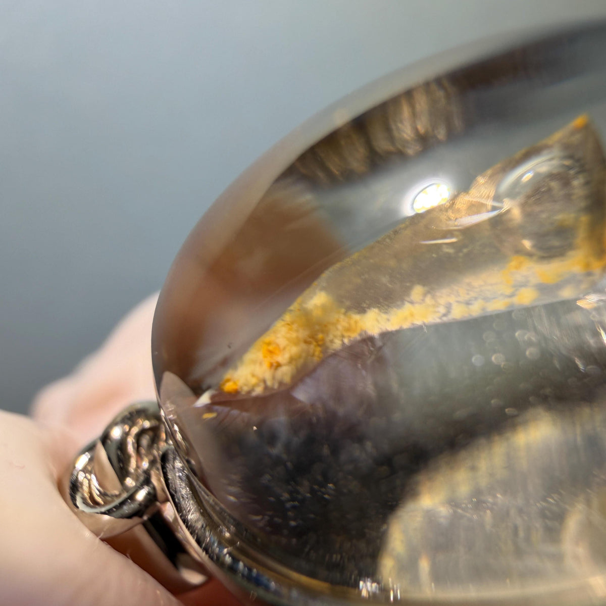 Rare! Polished Enhydro Quartz Flowing Yellow Sand with shifting bubble Inclusion Crystal Cabochon S925 Silver Pendant Adjustable Necklace | Natural Gemstone Birthstone Gift for her quicksand enhydro quartz sand water-fall choker gemstone charm polished stone pendant birthstone men necklace chakra crystal minerals specimen sterling silver wire wrapped pendant inclusion quartz yellow sand inclusion rainbow quartz bubble inclusion cabochon inclusion crystal palm stone for meditation