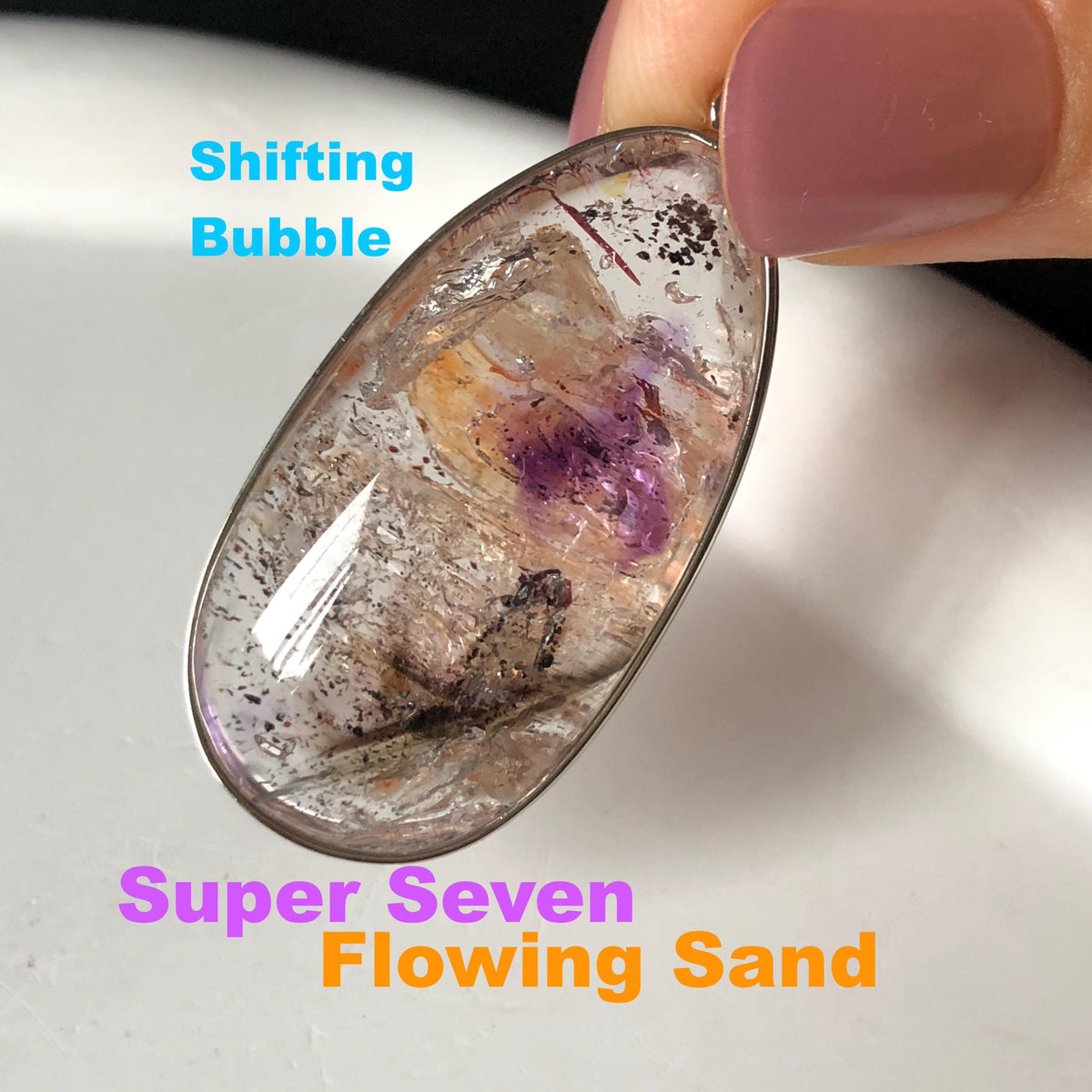 Rare Found! Polished Enhydro Quartz Super Seven Flowing Sand & Shifting Bubble Inclusion Crystal Cabochon S925 Silver Pendant Necklace Charm