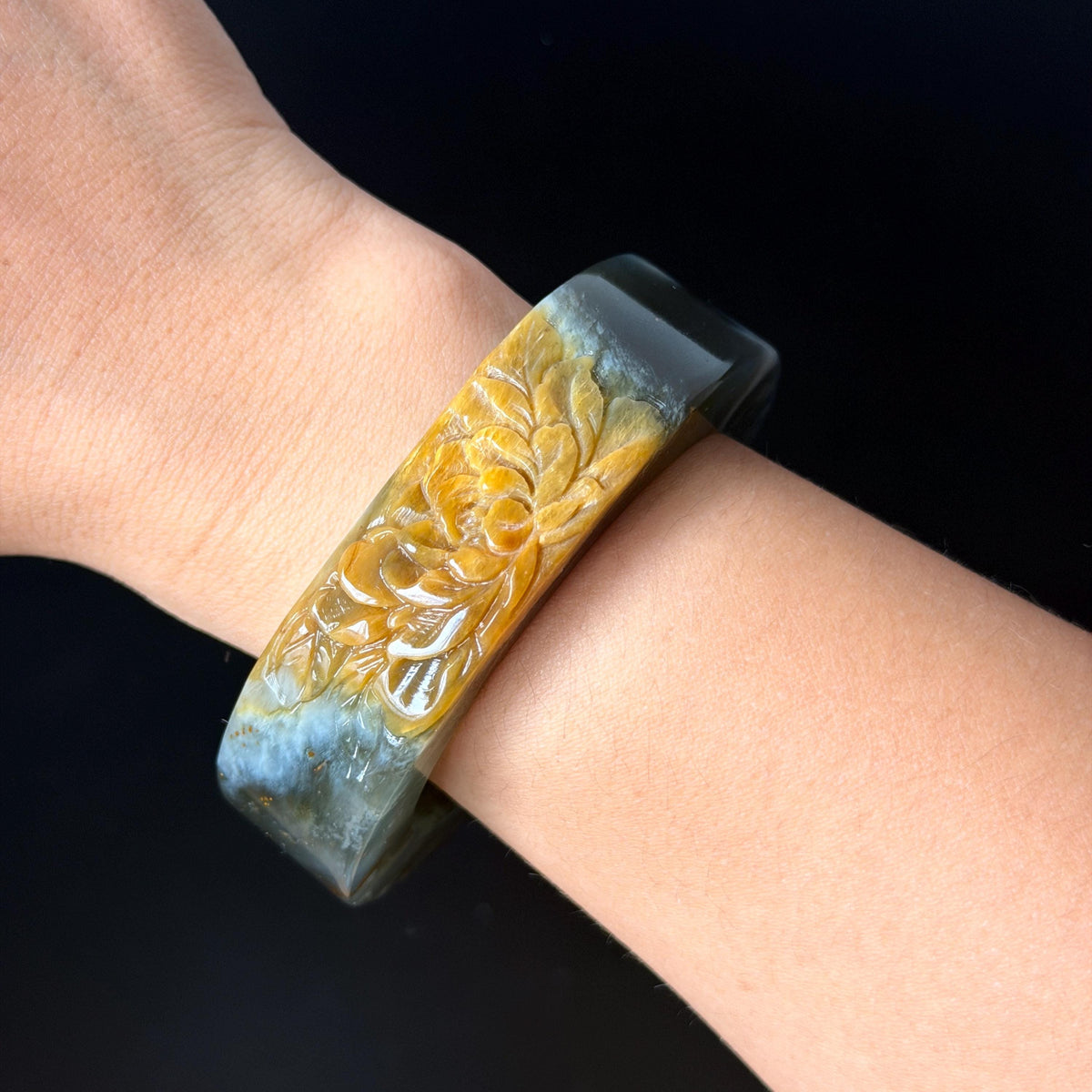57.5mm Xiu Jade Serpentine Hand Carved Peony Flowers Bangle: Natural Black Jade Handcrafted Bracelet, Stone Carving Gemstone Jewelry Gift for her wide jade bangle jade carving hand engraved stone carving natural untreated jade bracelet black jade yellow jade handcraft jade peony carving flower carving chinese jade vintage bangle antique bracelet 3D stone carving jade carving