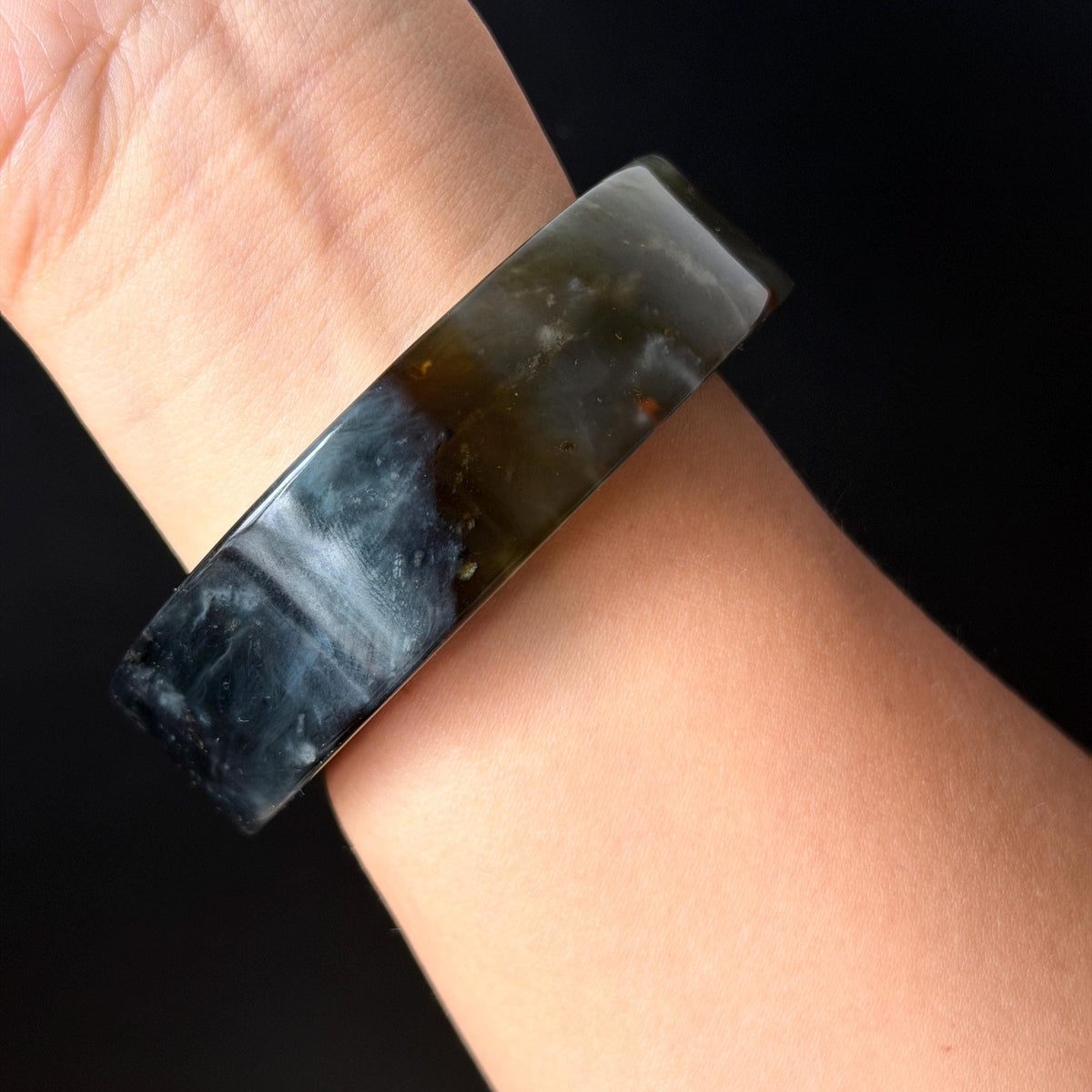 57.5mm Xiu Jade Serpentine Hand Carved Peony Flowers Bangle: Natural Black Jade Handcrafted Bracelet, Stone Carving Gemstone Jewelry Gift for her wide jade bangle jade carving hand engraved stone carving natural untreated jade bracelet black jade yellow jade handcraft jade peony carving flower carving chinese jade vintage bangle antique bracelet 3D stone carving jade carving