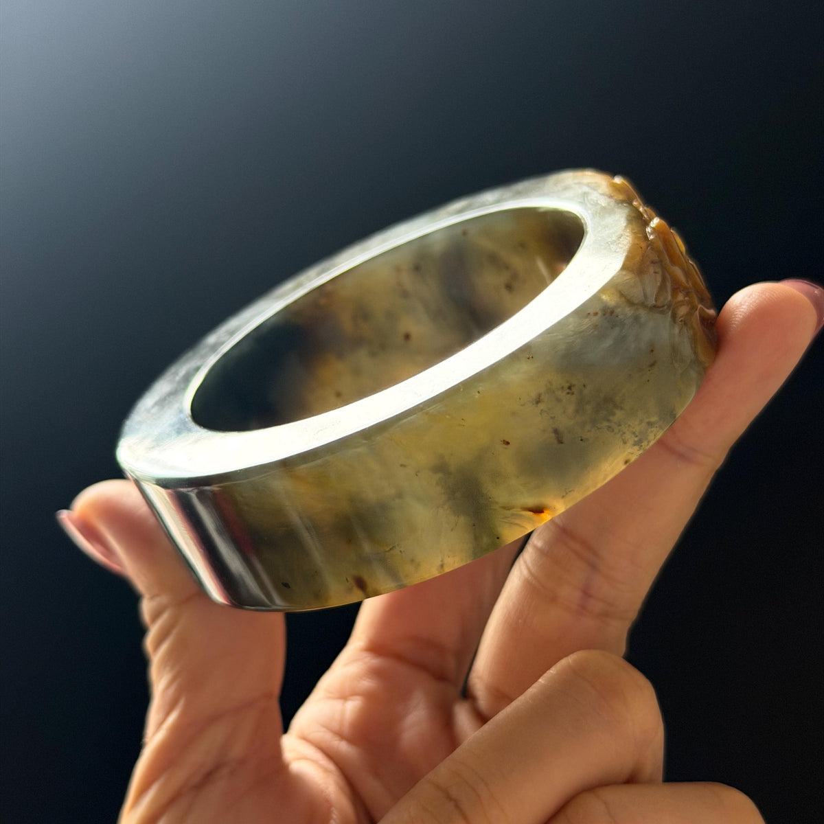 57.5mm Xiu Jade Serpentine Hand Carved Peony Flowers Bangle: Natural Black Jade Handcrafted Bracelet, Stone Carving Gemstone Jewelry Gift for her wide jade bangle jade carving hand engraved stone carving natural untreated jade bracelet black jade yellow jade handcraft jade peony carving flower carving chinese jade vintage bangle antique bracelet 3D stone carving jade carving