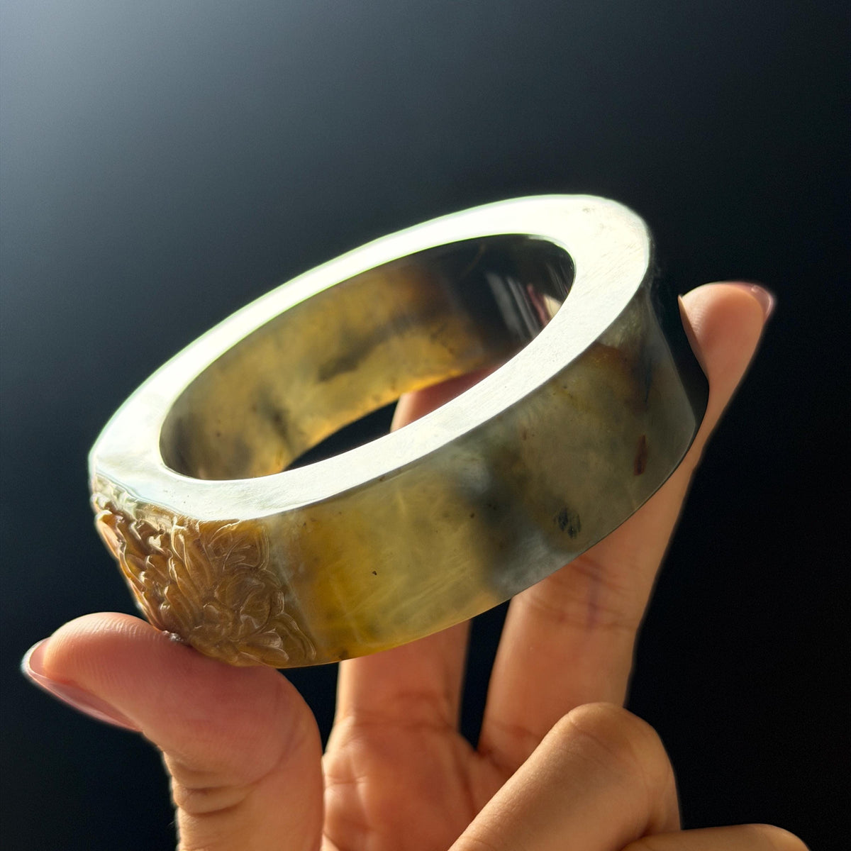 57.5mm Xiu Jade Serpentine Hand Carved Peony Flowers Bangle: Natural Black Jade Handcrafted Bracelet, Stone Carving Gemstone Jewelry Gift for her wide jade bangle jade carving hand engraved stone carving natural untreated jade bracelet black jade yellow jade handcraft jade peony carving flower carving chinese jade vintage bangle antique bracelet 3D stone carving jade carving