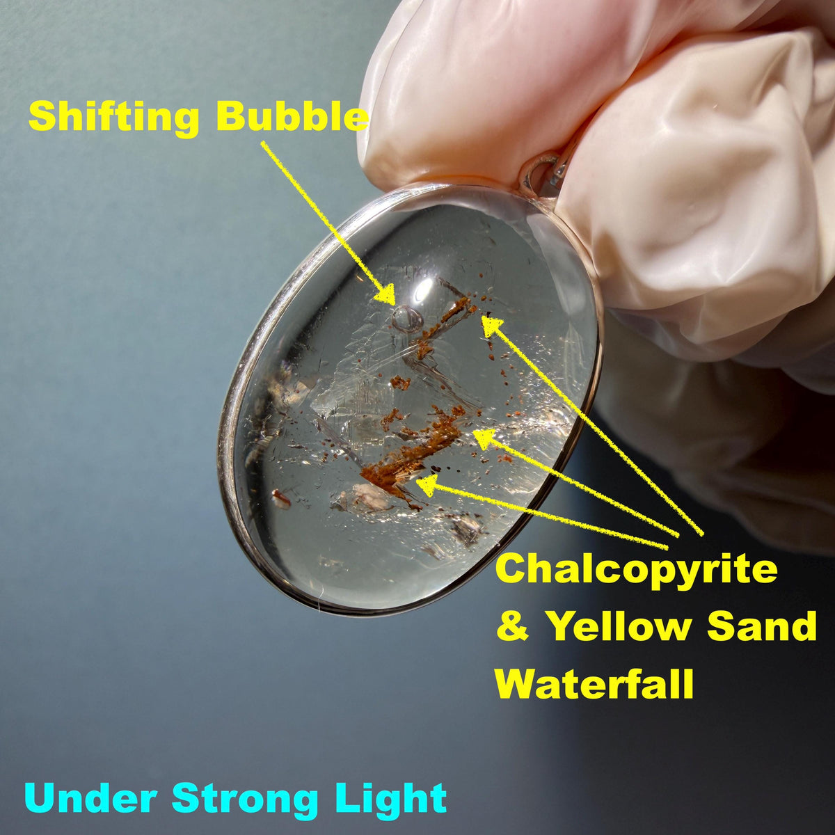 Rare! Polished Enhydro Quartz Flowing Chalcopyrite & Yellow Sand Waterfall with shifting bubble Inclusion Crystal Cabochon Pendant Necklace | Natural Gemstone Birthstone Gift for her quicksand enhydro quartz sand water-fall choker gemstone charm polished stone pendant birthstone men necklace chakra crystal minerals specimen sterling silver wire wrapped pendant inclusion quartz yellow sand inclusion rainbow quartz bubble inclusion cabochon inclusion crystal palm stone for meditation