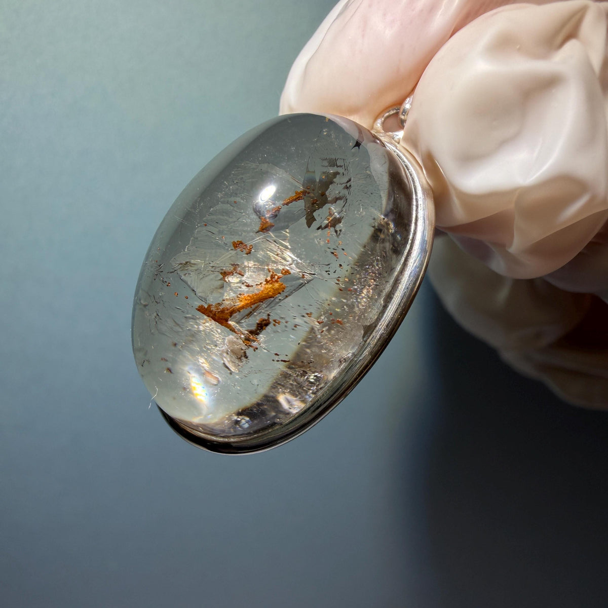 Rare! Polished Enhydro Quartz Flowing Chalcopyrite & Yellow Sand Waterfall with shifting bubble Inclusion Crystal Cabochon Pendant Necklace | Natural Gemstone Birthstone Gift for her quicksand enhydro quartz sand water-fall choker gemstone charm polished stone pendant birthstone men necklace chakra crystal minerals specimen sterling silver wire wrapped pendant inclusion quartz yellow sand inclusion rainbow quartz bubble inclusion cabochon inclusion crystal palm stone for meditation