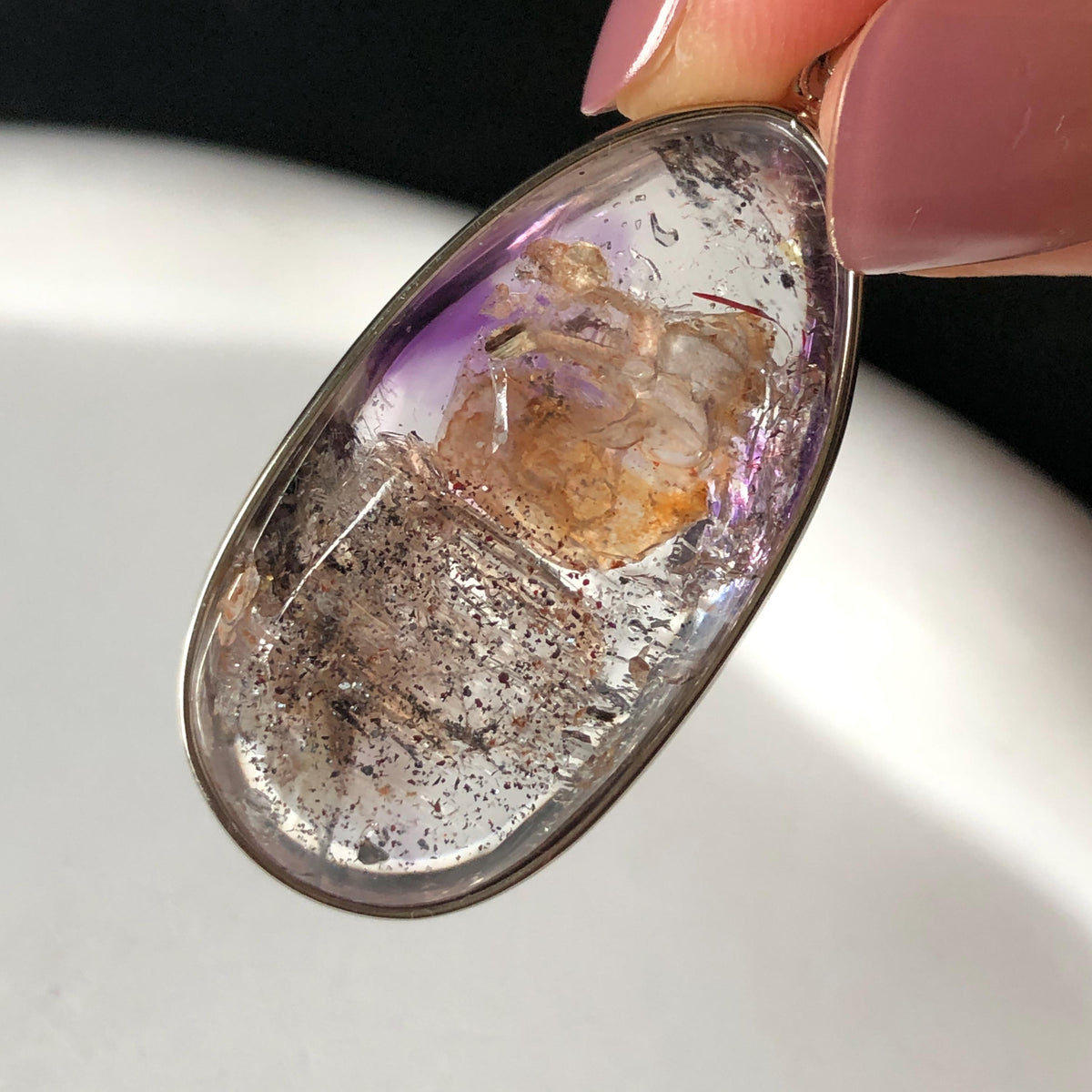 Rare Found! Polished Enhydro Quartz Super Seven Flowing Sand & with shifting bubble Inclusion Crystal Cabochon Pendant Necklace | Natural Gemstone Birthstone Gift for her quicksand enhydro quartz sand water-fall choker gemstone charm polished stone pendant birthstone men necklace chakra crystal minerals specimen sterling silver wire wrapped pendant inclusion quartz sand inclusion rainbow quartz bubble inclusion cabochon inclusion crystal palm stone for meditation melody stone