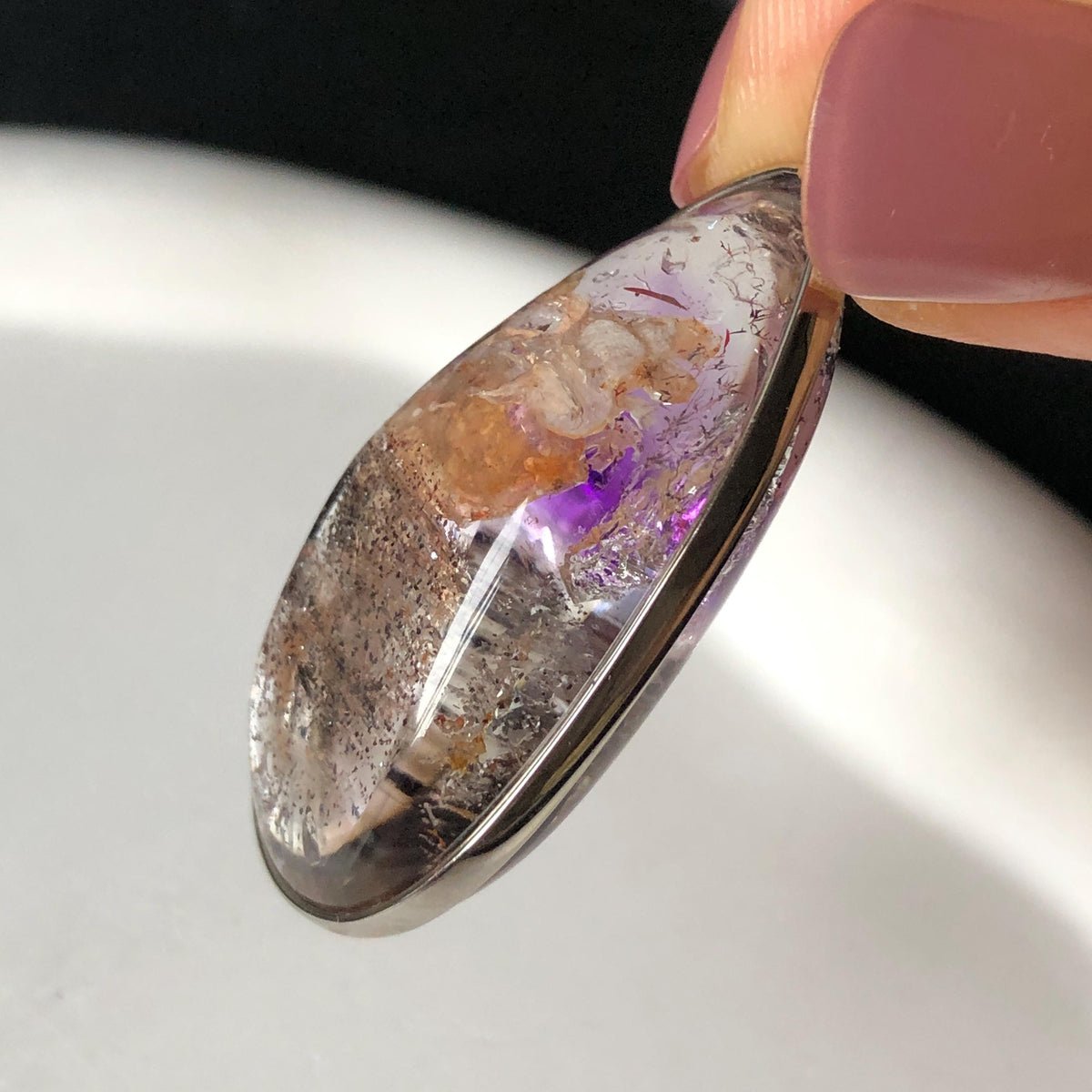 Rare Found! Polished Enhydro Quartz Super Seven Flowing Sand & with shifting bubble Inclusion Crystal Cabochon Pendant Necklace | Natural Gemstone Birthstone Gift for her quicksand enhydro quartz sand water-fall choker gemstone charm polished stone pendant birthstone men necklace chakra crystal minerals specimen sterling silver wire wrapped pendant inclusion quartz sand inclusion rainbow quartz bubble inclusion cabochon inclusion crystal palm stone for meditation melody stone
