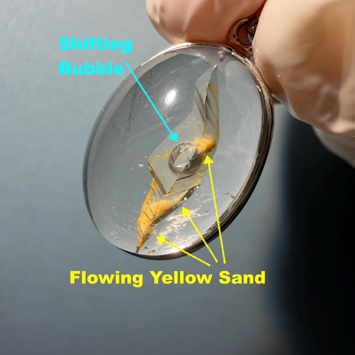 Rare! Polished Enhydro Quartz Flowing Yellow Sand with shifting bubble Inclusion Crystal Cabochon S925 Silver Pendant Adjustable Necklace | Natural Gemstone Birthstone Gift for her quicksand enhydro quartz sand water-fall choker gemstone charm polished stone pendant birthstone men necklace chakra crystal minerals specimen sterling silver wire wrapped pendant inclusion quartz yellow sand inclusion rainbow quartz bubble inclusion cabochon inclusion crystal palm stone for meditation