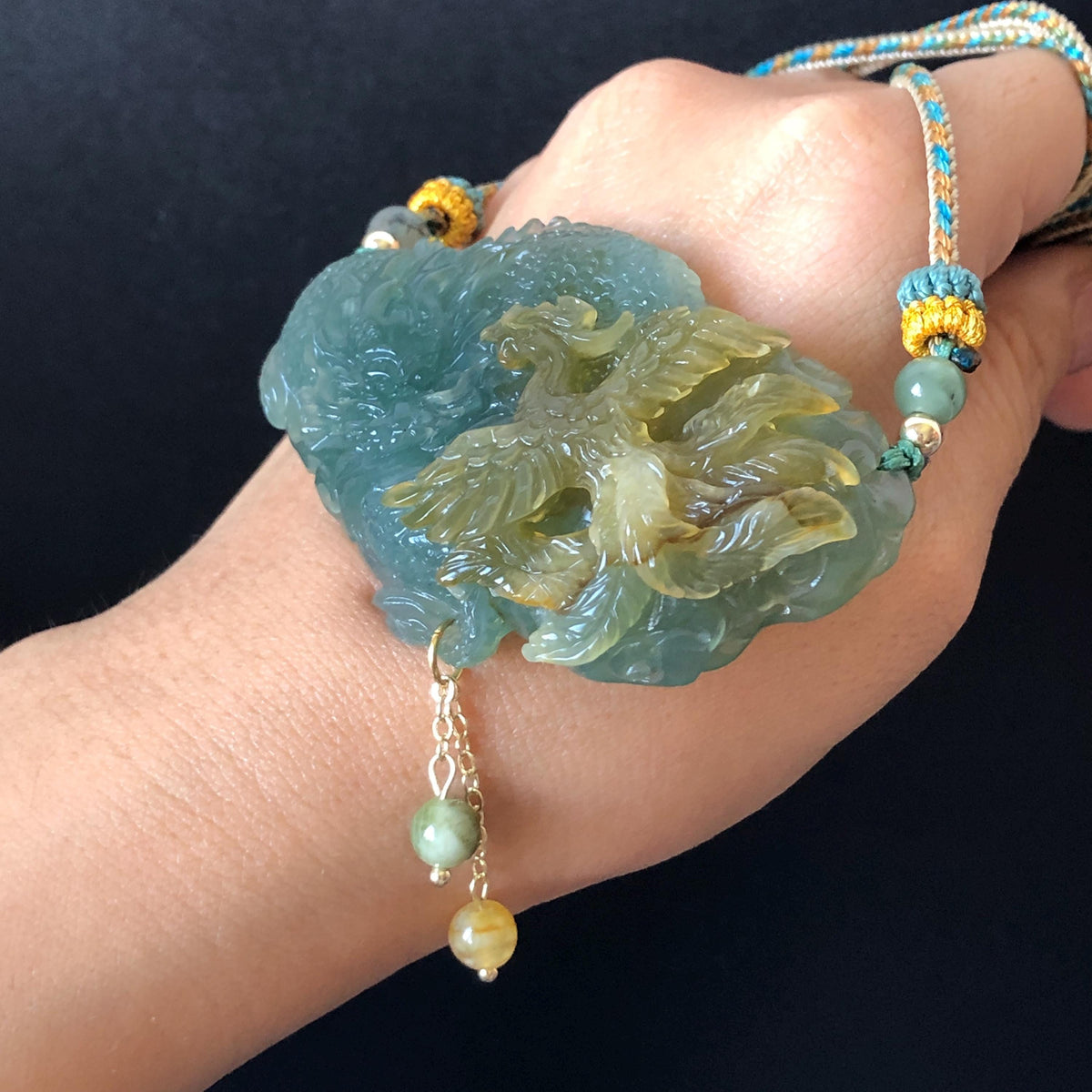 Xiu Jade Dragon & Phoenix Hand Carved Pendant Adjustable Necklace: Natural Yellow Green Jade Serpentine Handcrafted Charm | Harmony & Prosperity | Stone Crystal Gemstone Jewellery gift for her gift for him hand engraved jade handcrafted jade charm white jade brown jade green jade multicolor jade relief carving 3D stone carving dragon carving phoenix carving antique pendant asian vintage charm lucky charm big pendant certificate untreat real jade dragon lover gift protection cahrm