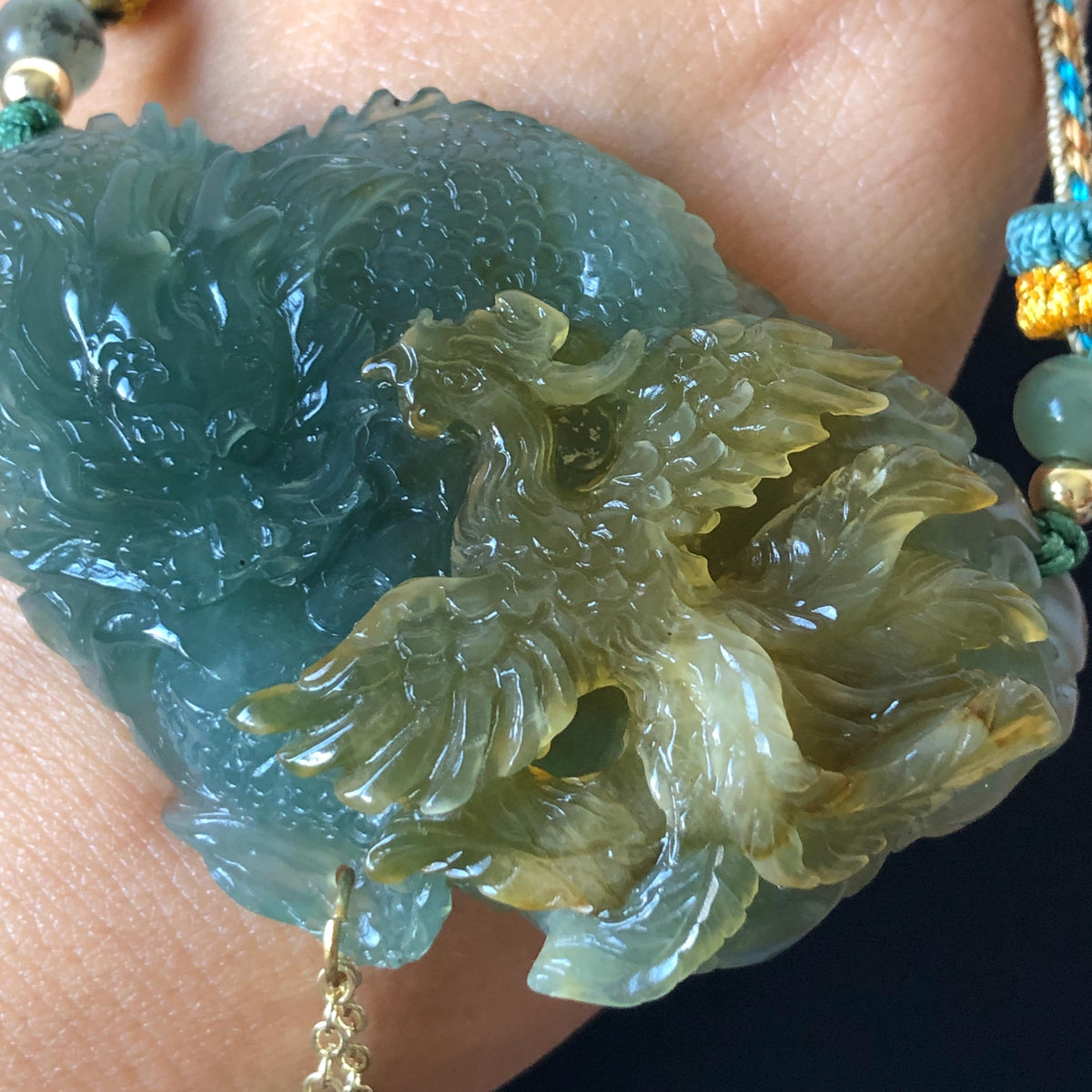 Xiu Jade Dragon & Phoenix Hand Carved Pendant Adjustable Necklace: Natural Yellow Green Jade Serpentine Handcrafted Charm | Harmony & Prosperity | Stone Crystal Gemstone Jewellery gift for her gift for him hand engraved jade handcrafted jade charm white jade brown jade green jade multicolor jade relief carving 3D stone carving dragon carving phoenix carving antique pendant asian vintage charm lucky charm big pendant certificate untreat real jade dragon lover gift protection cahrm