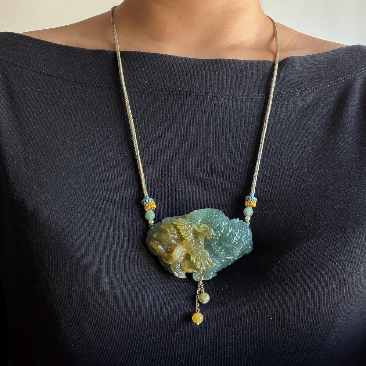 Xiu Jade Dragon & Phoenix Hand Carved Pendant Adjustable Necklace: Natural Yellow Green Jade Serpentine Handcrafted Charm | Harmony & Prosperity | Stone Crystal Gemstone Jewellery gift for her gift for him hand engraved jade handcrafted jade charm white jade brown jade green jade multicolor jade relief carving 3D stone carving dragon carving phoenix carving antique pendant asian vintage charm lucky charm big pendant certificate untreat real jade dragon lover gift protection cahrm