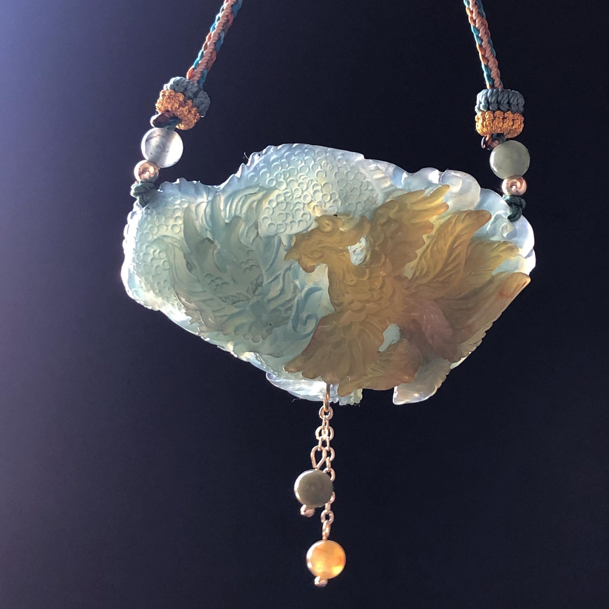 Xiu Jade Dragon & Phoenix Hand Carved Pendant Adjustable Braided Necklace Choker: Natural Yellow Green Jade Serpentine Handcrafted Charm