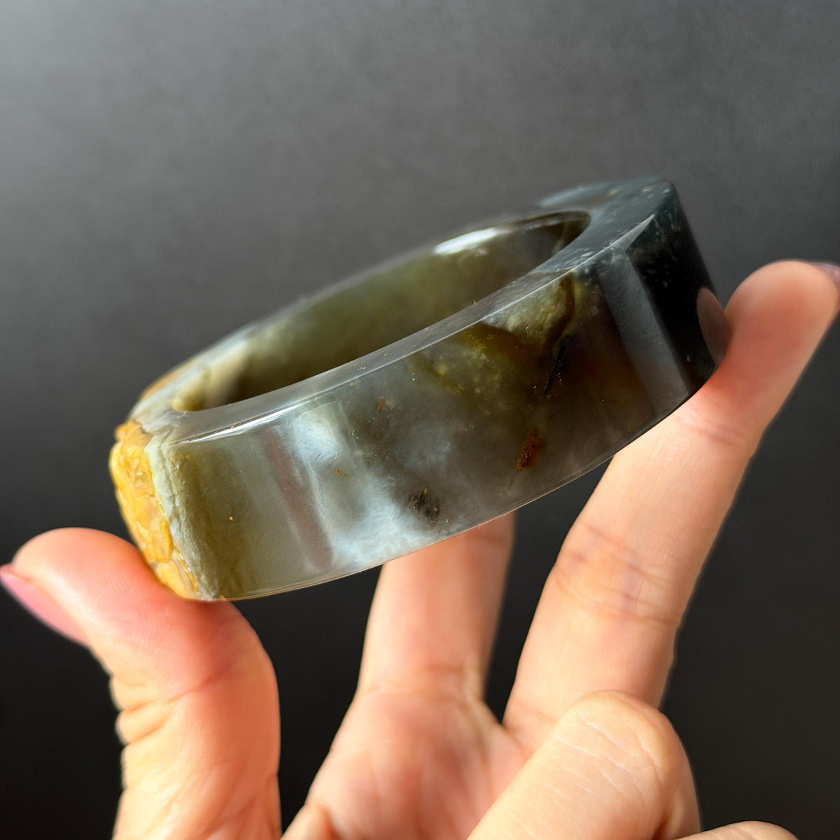 57.5mm Xiu Jade Serpentine Hand Carved Peony Flowers Bangle: Natural Black Jade Handcrafted Bracelet, Stone Carving Gemstone Jewelry Gift for her wide jade bangle jade carving hand engraved stone carving natural untreated jade bracelet black jade yellow jade handcraft jade peony carving flower carving chinese jade vintage bangle antique bracelet 3D stone carving jade carving