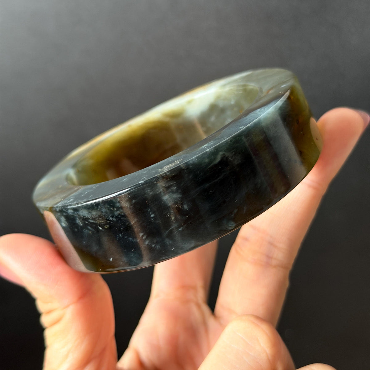 57.5mm Xiu Jade Serpentine Hand Carved Peony Flowers Bangle: Natural Black Jade Handcrafted Bracelet, Stone Carving Gemstone Jewelry Gift for her wide jade bangle jade carving hand engraved stone carving natural untreated jade bracelet black jade yellow jade handcraft jade peony carving flower carving chinese jade vintage bangle antique bracelet 3D stone carving jade carving