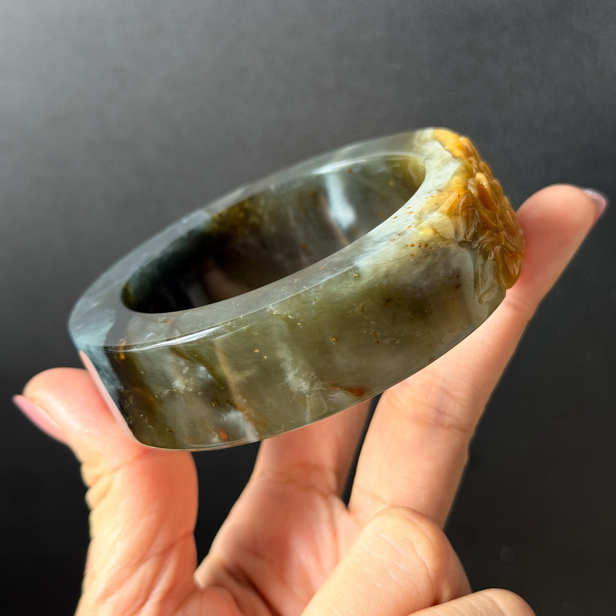 57.5mm Xiu Jade Serpentine Hand Carved Peony Flowers Bangle: Natural Black Jade Handcrafted Bracelet, Stone Carving Gemstone Jewelry Gift for her wide jade bangle jade carving hand engraved stone carving natural untreated jade bracelet black jade yellow jade handcraft jade peony carving flower carving chinese jade vintage bangle antique bracelet 3D stone carving jade carving