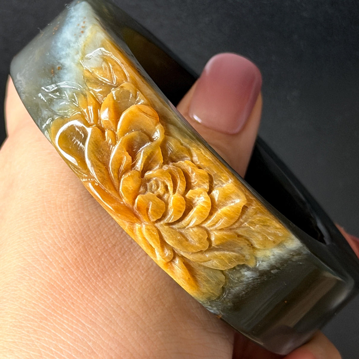 57.5mm Xiu Jade Serpentine Hand Carved Peony Flowers Bangle: Natural Black Jade Handcrafted Bracelet, Stone Carving Gemstone Jewelry Gift for her wide jade bangle jade carving hand engraved stone carving natural untreated jade bracelet black jade yellow jade handcraft jade peony carving flower carving chinese jade vintage bangle antique bracelet 3D stone carving jade carving