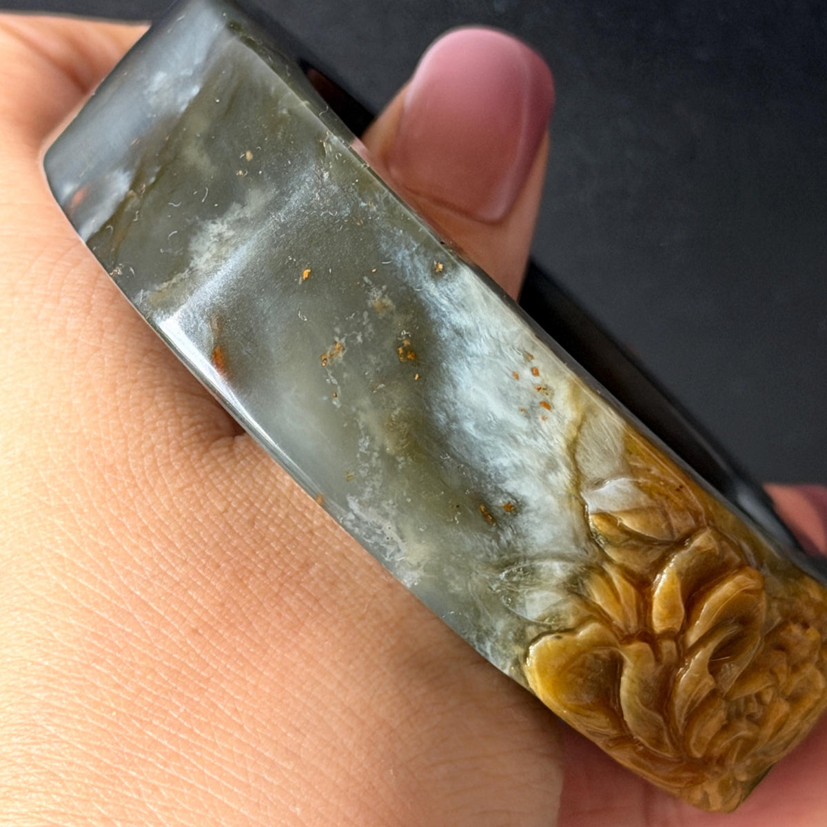 57.5mm Xiu Jade Serpentine Hand Carved Peony Flowers Bangle: Natural Black Jade Handcrafted Bracelet, Stone Carving Gemstone Jewelry Gift for her wide jade bangle jade carving hand engraved stone carving natural untreated jade bracelet black jade yellow jade handcraft jade peony carving flower carving chinese jade vintage bangle antique bracelet 3D stone carving jade carving