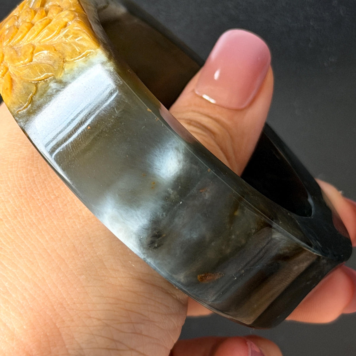 57.5mm Xiu Jade Serpentine Hand Carved Peony Flowers Bangle: Natural Black Jade Handcrafted Bracelet, Stone Carving Gemstone Jewelry Gift for her wide jade bangle jade carving hand engraved stone carving natural untreated jade bracelet black jade yellow jade handcraft jade peony carving flower carving chinese jade vintage bangle antique bracelet 3D stone carving jade carving