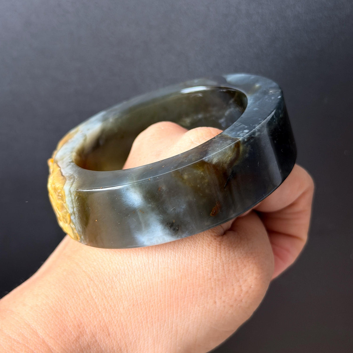 57.5mm Xiu Jade Serpentine Hand Carved Peony Flowers Bangle: Natural Black Jade Handcrafted Bracelet, Stone Carving Gemstone Jewelry Gift for her wide jade bangle jade carving hand engraved stone carving natural untreated jade bracelet black jade yellow jade handcraft jade peony carving flower carving chinese jade vintage bangle antique bracelet 3D stone carving jade carving
