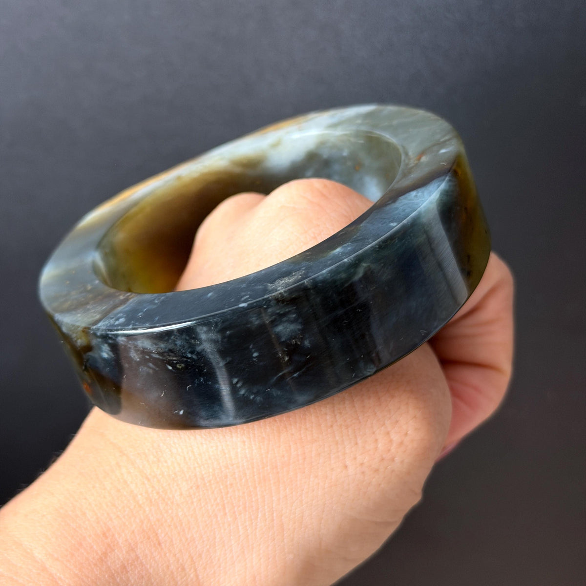 57.5mm Xiu Jade Serpentine Hand Carved Peony Flowers Bangle: Natural Black Jade Handcrafted Bracelet, Stone Carving Gemstone Jewelry Gift for her wide jade bangle jade carving hand engraved stone carving natural untreated jade bracelet black jade yellow jade handcraft jade peony carving flower carving chinese jade vintage bangle antique bracelet 3D stone carving jade carving