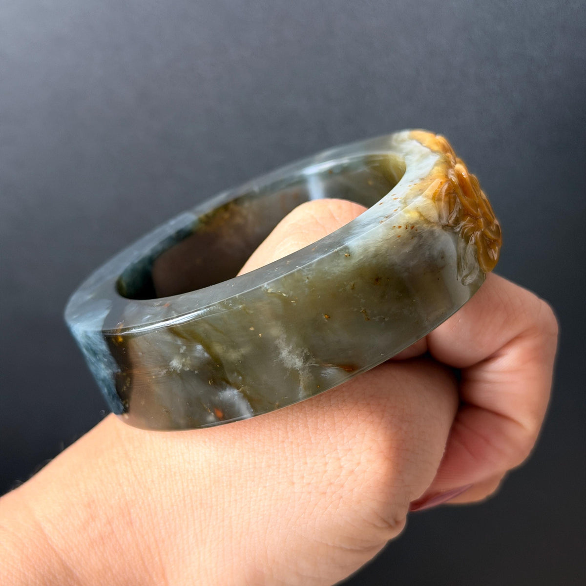 57.5mm Xiu Jade Serpentine Hand Carved Peony Flowers Bangle: Natural Black Jade Handcrafted Bracelet, Stone Carving Gemstone Jewelry Gift for her wide jade bangle jade carving hand engraved stone carving natural untreated jade bracelet black jade yellow jade handcraft jade peony carving flower carving chinese jade vintage bangle antique bracelet 3D stone carving jade carving