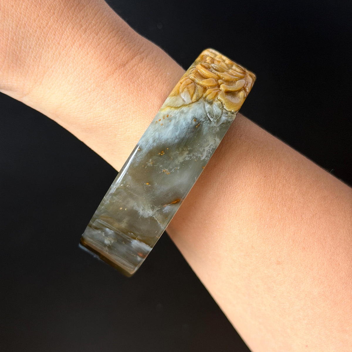 57.5mm Xiu Jade Serpentine Hand Carved Peony Flowers Bangle: Natural Black Jade Handcrafted Bracelet, Stone Carving Gemstone Jewelry Gift for her wide jade bangle jade carving hand engraved stone carving natural untreated jade bracelet black jade yellow jade handcraft jade peony carving flower carving chinese jade vintage bangle antique bracelet 3D stone carving jade carving