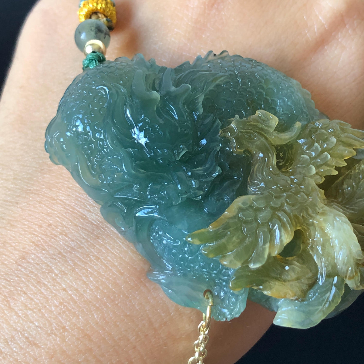 Xiu Jade Dragon & Phoenix Hand Carved Pendant Adjustable Necklace: Natural Yellow Green Jade Serpentine Handcrafted Charm | Harmony & Prosperity | Stone Crystal Gemstone Jewellery gift for her gift for him hand engraved jade handcrafted jade charm white jade brown jade green jade multicolor jade relief carving 3D stone carving dragon carving phoenix carving antique pendant asian vintage charm lucky charm big pendant certificate untreat real jade dragon lover gift protection cahrm