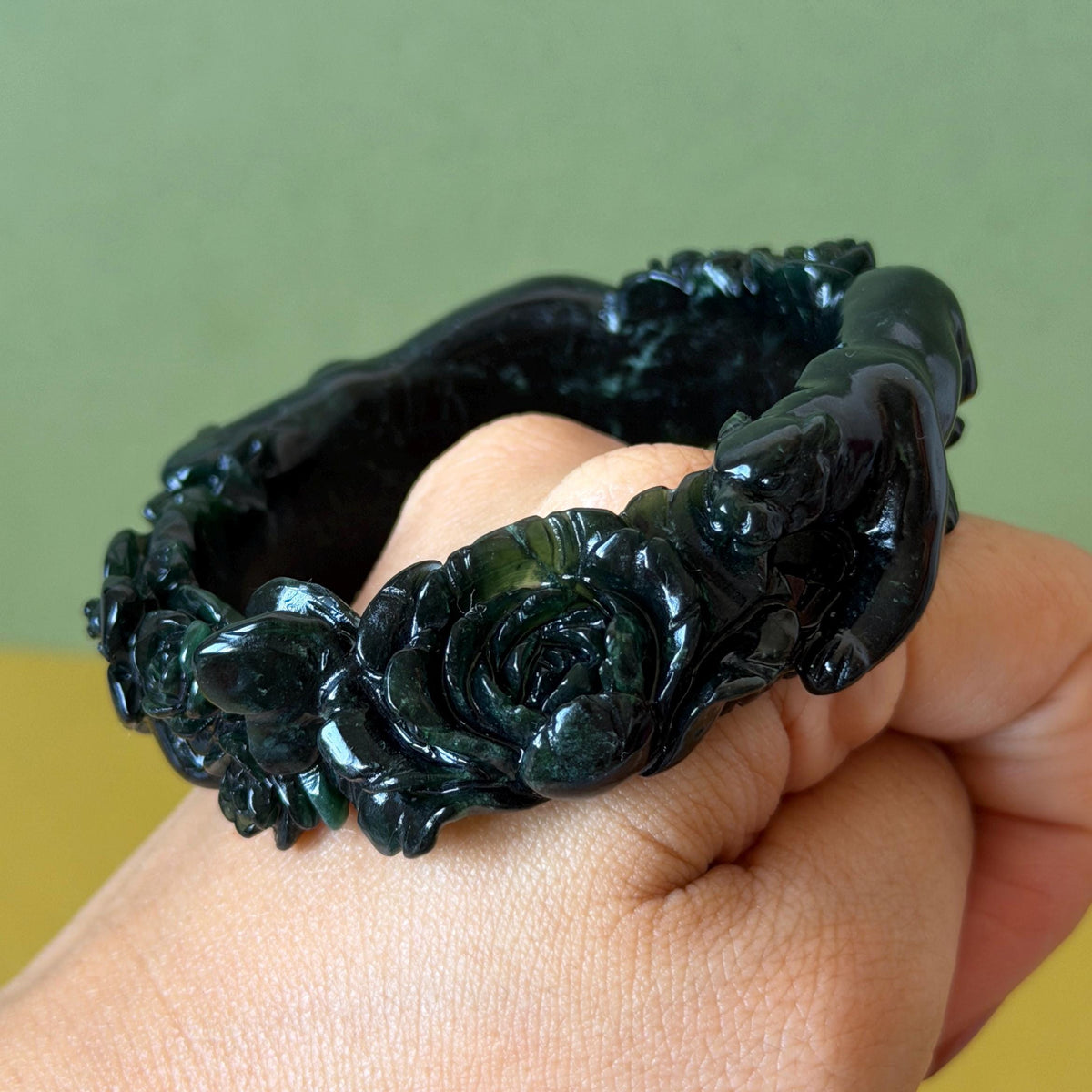 Custom Size 50-62mm! Xiu Jade Black Panther & Flower Hand Carved Bangle: Certified Natural Serpentine Deep Green Jade handcrafted Bracelet 3D stone carving Accept Customized order tailor-made bangle customized gift panther lover gift for her custom size bangle natural jade with certificate bracelet black jade certified jade stone bangle gemstone bracelet crystal bangle jade carving rose carving flower carving personalized gift make to order antique bracelet chinese untreated jade birthday gift