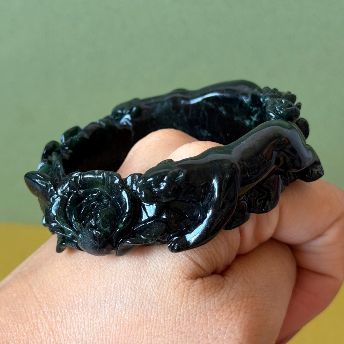 Custom Size 50-62mm! Xiu Jade Black Panther & Flower Hand Carved Bangle: Certified Natural Serpentine Deep Green Jade handcrafted Bracelet 3D stone carving Accept Customized order tailor-made bangle customized gift panther lover gift for her custom size bangle natural jade with certificate bracelet black jade certified jade stone bangle gemstone bracelet crystal bangle jade carving rose carving flower carving personalized gift make to order antique bracelet chinese untreated jade birthday gift