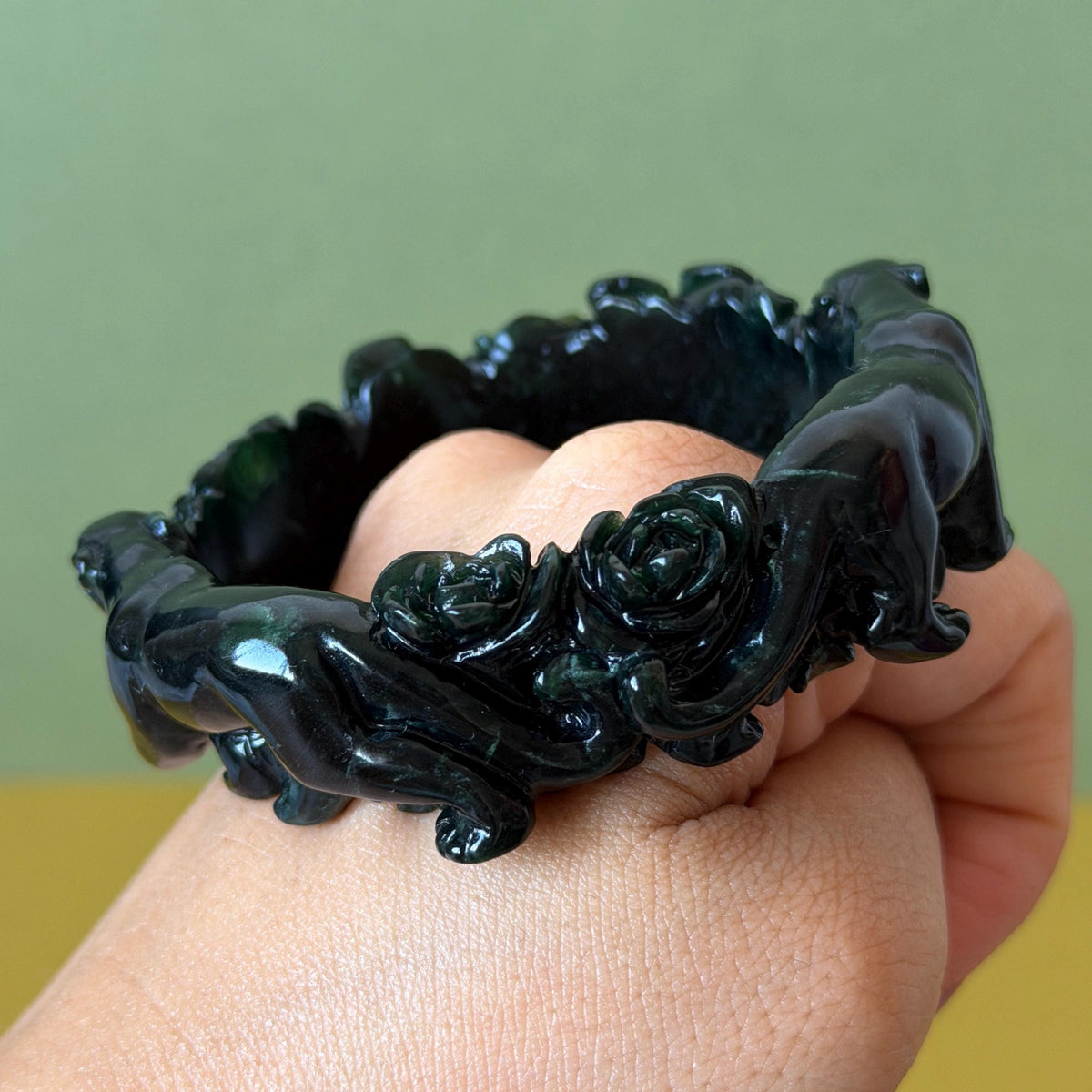 Custom Size 50-62mm! Xiu Jade Black Panther & Flower Hand Carved Bangle: Certified Natural Serpentine Deep Green Jade handcrafted Bracelet 3D stone carving Accept Customized order tailor-made bangle customized gift panther lover gift for her custom size bangle natural jade with certificate bracelet black jade certified jade stone bangle gemstone bracelet crystal bangle jade carving rose carving flower carving personalized gift make to order antique bracelet chinese untreated jade birthday gift
