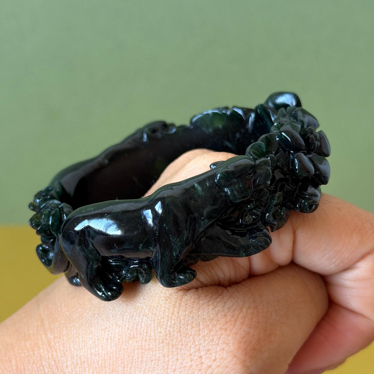 Custom Size 50-62mm! Xiu Jade Black Panther & Flower Hand Carved Bangle: Certified Natural Serpentine Deep Green Jade handcrafted Bracelet 3D stone carving Accept Customized order tailor-made bangle customized gift panther lover gift for her custom size bangle natural jade with certificate bracelet black jade certified jade stone bangle gemstone bracelet crystal bangle jade carving rose carving flower carving personalized gift make to order antique bracelet chinese untreated jade birthday gift