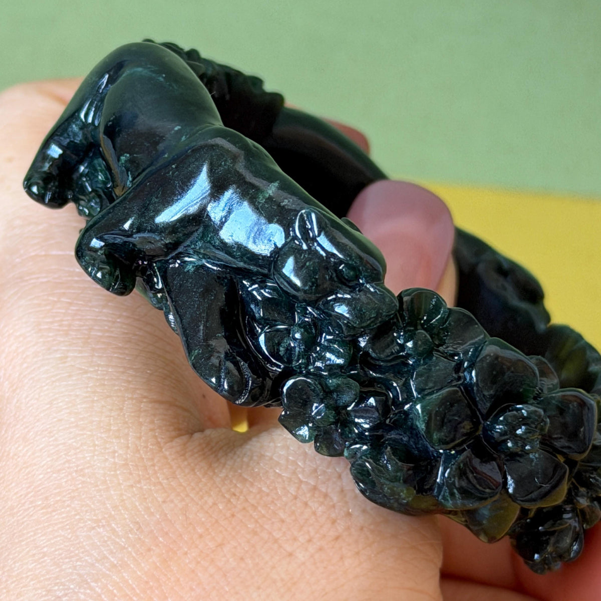 Custom Size 50-62mm! Xiu Jade Black Panther & Flower Hand Carved Bangle: Certified Natural Serpentine Deep Green Jade handcrafted Bracelet 3D stone carving Accept Customized order tailor-made bangle customized gift panther lover gift for her custom size bangle natural jade with certificate bracelet black jade certified jade stone bangle gemstone bracelet crystal bangle jade carving rose carving flower carving personalized gift make to order antique bracelet chinese untreated jade birthday gift