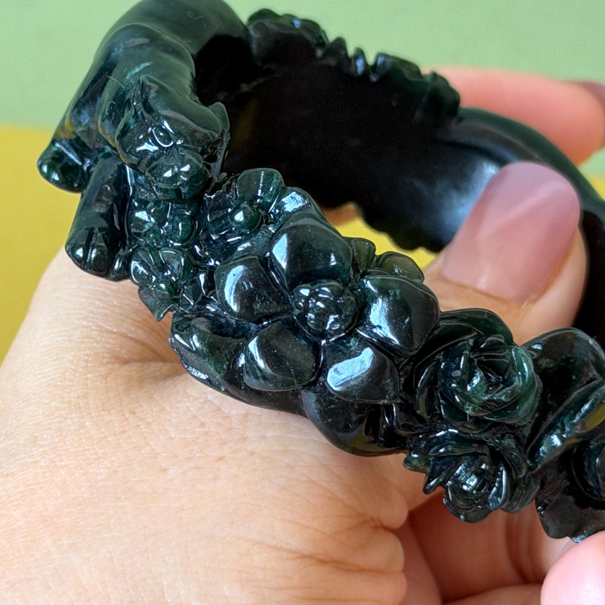 Custom Size 50-62mm! Xiu Jade Black Panther & Flower Hand Carved Bangle: Certified Natural Serpentine Deep Green Jade handcrafted Bracelet 3D stone carving Accept Customized order tailor-made bangle customized gift panther lover gift for her custom size bangle natural jade with certificate bracelet black jade certified jade stone bangle gemstone bracelet crystal bangle jade carving rose carving flower carving personalized gift make to order antique bracelet chinese untreated jade birthday gift