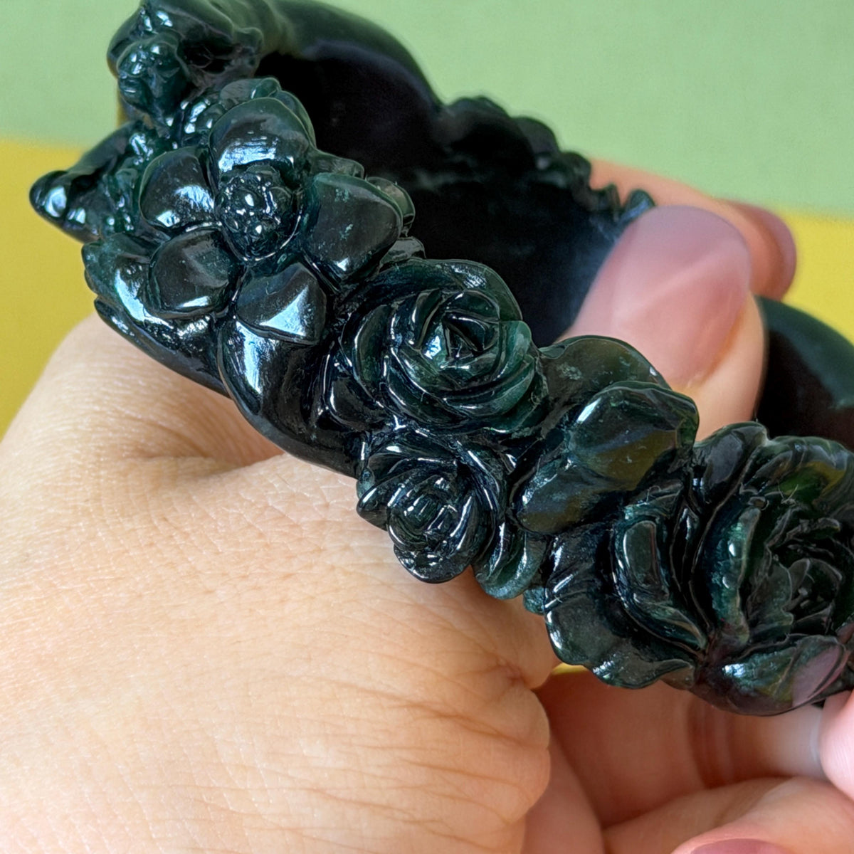 Custom Size 50-62mm! Xiu Jade Black Panther & Flower Hand Carved Bangle: Certified Natural Serpentine Deep Green Jade handcrafted Bracelet 3D stone carving Accept Customized order tailor-made bangle customized gift panther lover gift for her custom size bangle natural jade with certificate bracelet black jade certified jade stone bangle gemstone bracelet crystal bangle jade carving rose carving flower carving personalized gift make to order antique bracelet chinese untreated jade birthday gift