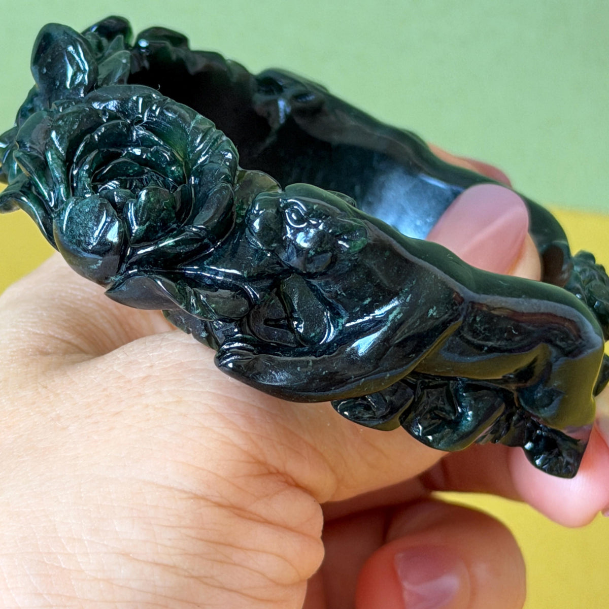 Custom Size 50-62mm! Xiu Jade Black Panther & Flower Hand Carved Bangle: Certified Natural Serpentine Deep Green Jade handcrafted Bracelet 3D stone carving Accept Customized order tailor-made bangle customized gift panther lover gift for her custom size bangle natural jade with certificate bracelet black jade certified jade stone bangle gemstone bracelet crystal bangle jade carving rose carving flower carving personalized gift make to order antique bracelet chinese untreated jade birthday gift