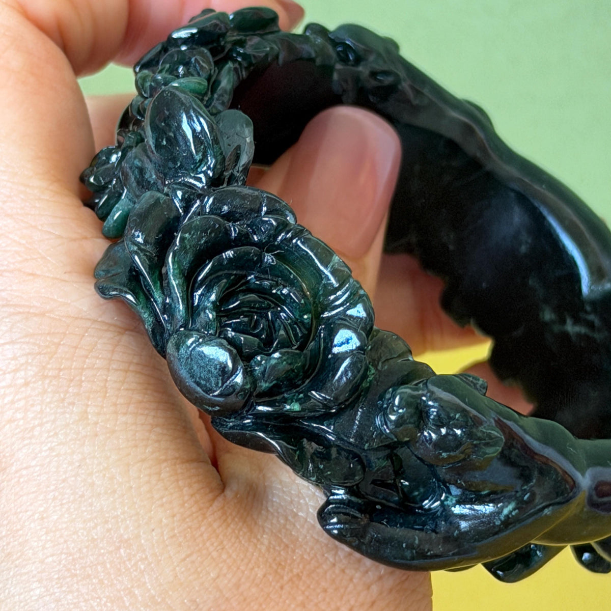 Custom Size 50-62mm! Xiu Jade Black Panther & Flower Hand Carved Bangle: Certified Natural Serpentine Deep Green Jade handcrafted Bracelet 3D stone carving Accept Customized order tailor-made bangle customized gift panther lover gift for her custom size bangle natural jade with certificate bracelet black jade certified jade stone bangle gemstone bracelet crystal bangle jade carving rose carving flower carving personalized gift make to order antique bracelet chinese untreated jade birthday gift