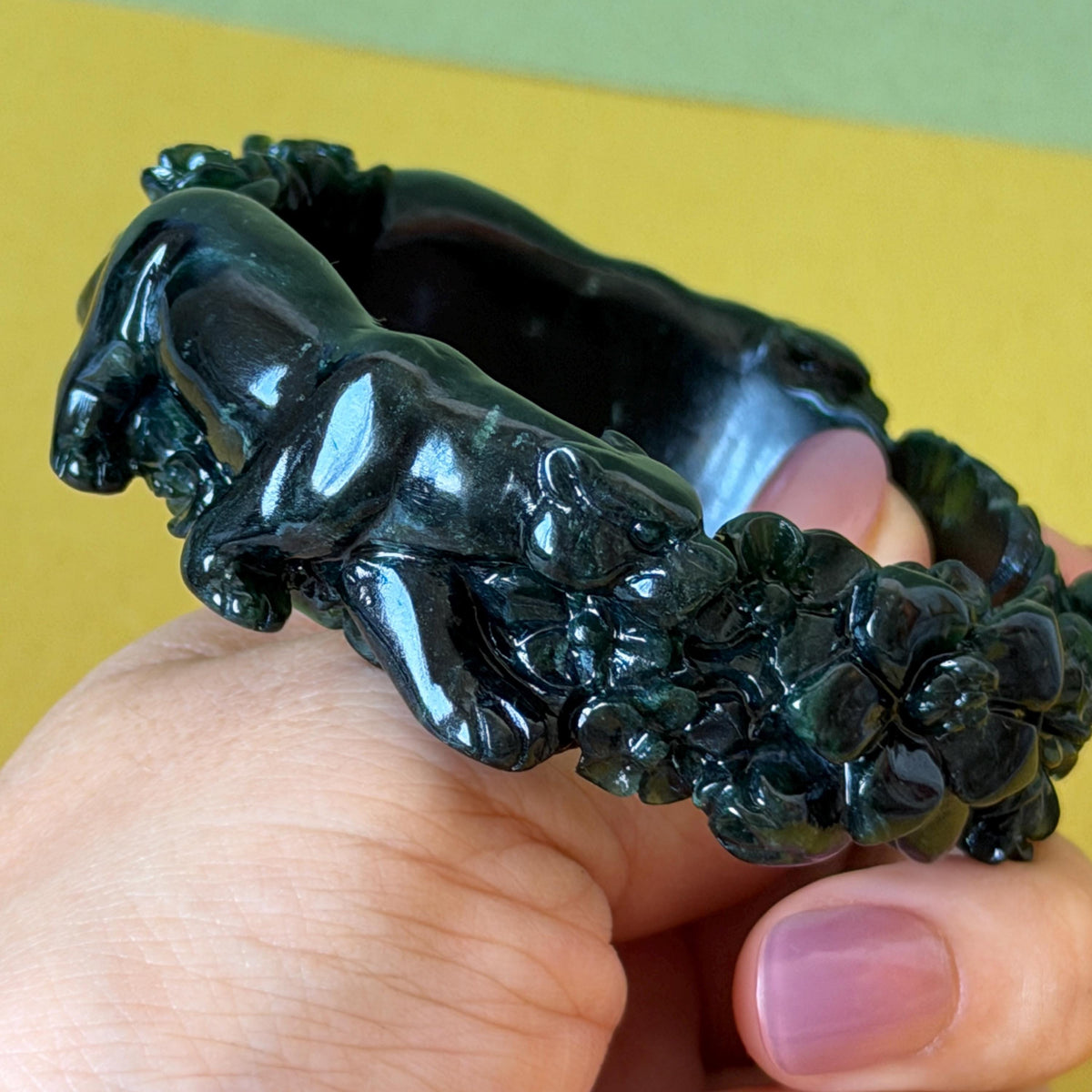 Custom Size 50-62mm! Xiu Jade Black Panther & Flower Hand Carved Bangle: Certified Natural Serpentine Deep Green Jade handcrafted Bracelet 3D stone carving Accept Customized order tailor-made bangle customized gift panther lover gift for her custom size bangle natural jade with certificate bracelet black jade certified jade stone bangle gemstone bracelet crystal bangle jade carving rose carving flower carving personalized gift make to order antique bracelet chinese untreated jade birthday gift
