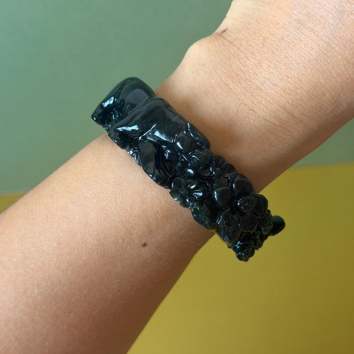 Custom Size 50-62mm! Xiu Jade Black Panther & Flower Hand Carved Bangle: Certified Natural Serpentine Deep Green Jade handcrafted Bracelet 3D stone carving Accept Customized order tailor-made bangle customized gift panther lover gift for her custom size bangle natural jade with certificate bracelet black jade certified jade stone bangle gemstone bracelet crystal bangle jade carving rose carving flower carving personalized gift make to order antique bracelet chinese untreated jade birthday gift
