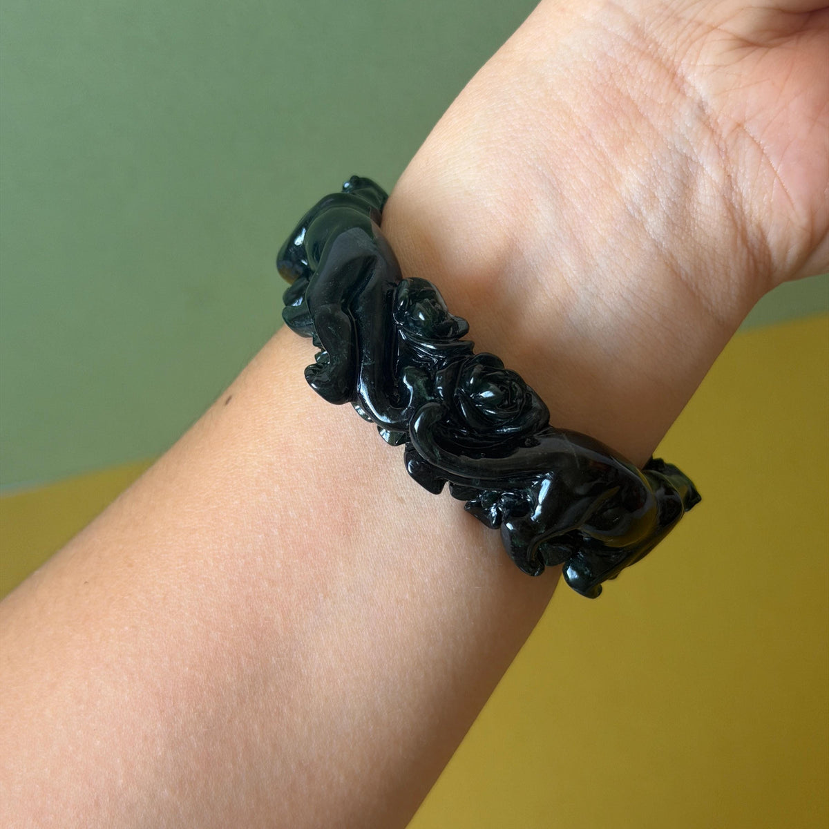 Custom Size 50-62mm! Xiu Jade Black Panther & Flower Hand Carved Bangle: Certified Natural Serpentine Deep Green Jade handcrafted Bracelet 3D stone carving Accept Customized order tailor-made bangle customized gift panther lover gift for her custom size bangle natural jade with certificate bracelet black jade certified jade stone bangle gemstone bracelet crystal bangle jade carving rose carving flower carving personalized gift make to order antique bracelet chinese untreated jade birthday gift