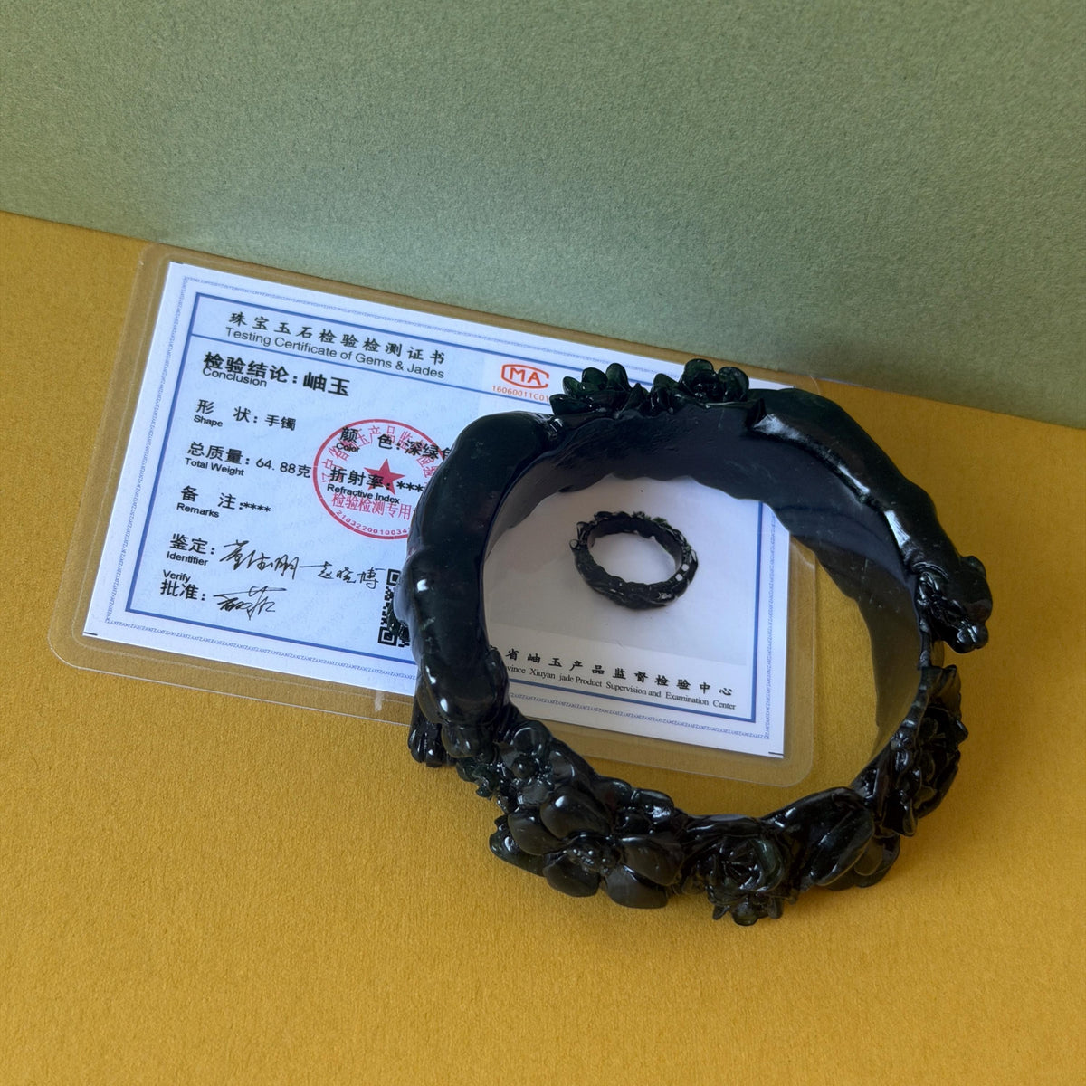 Custom Size 50-62mm! Xiu Jade Black Panther & Flower Hand Carved Bangle: Certified Natural Serpentine Deep Green Jade handcrafted Bracelet 3D stone carving Accept Customized order tailor-made bangle customized gift panther lover gift for her custom size bangle natural jade with certificate bracelet black jade certified jade stone bangle gemstone bracelet crystal bangle jade carving rose carving flower carving personalized gift make to order antique bracelet chinese untreated jade birthday gift