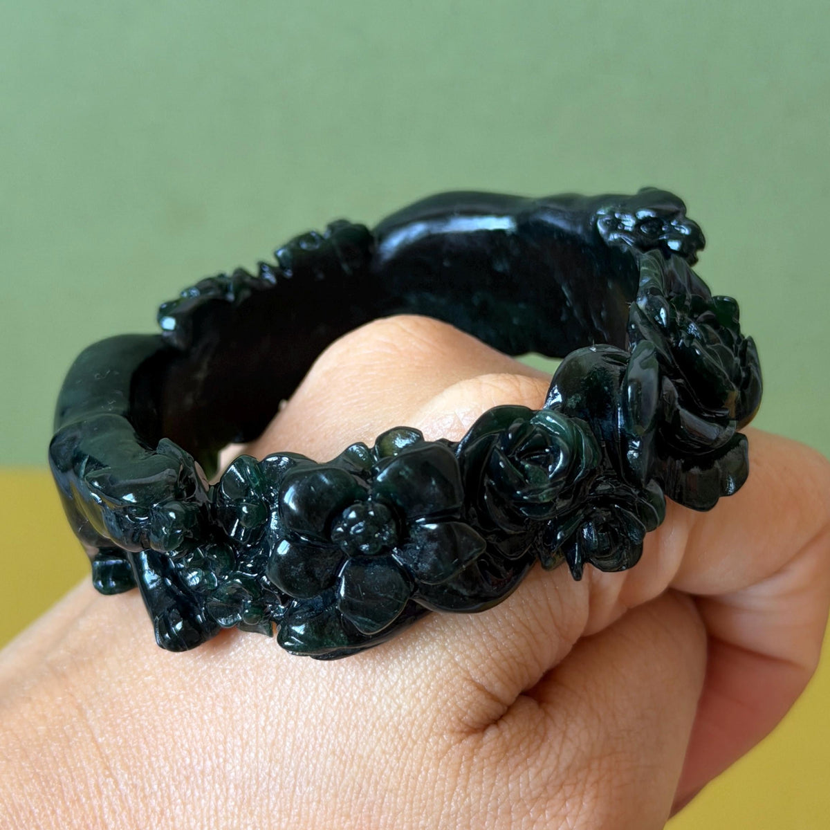Custom Size 50-62mm! Xiu Jade Black Panther & Flower Hand Carved Bangle: Certified Natural Serpentine Deep Green Jade handcrafted Bracelet 3D stone carving Accept Customized order tailor-made bangle customized gift panther lover gift for her custom size bangle natural jade with certificate bracelet black jade certified jade stone bangle gemstone bracelet crystal bangle jade carving rose carving flower carving personalized gift make to order antique bracelet chinese untreated jade birthday gift
