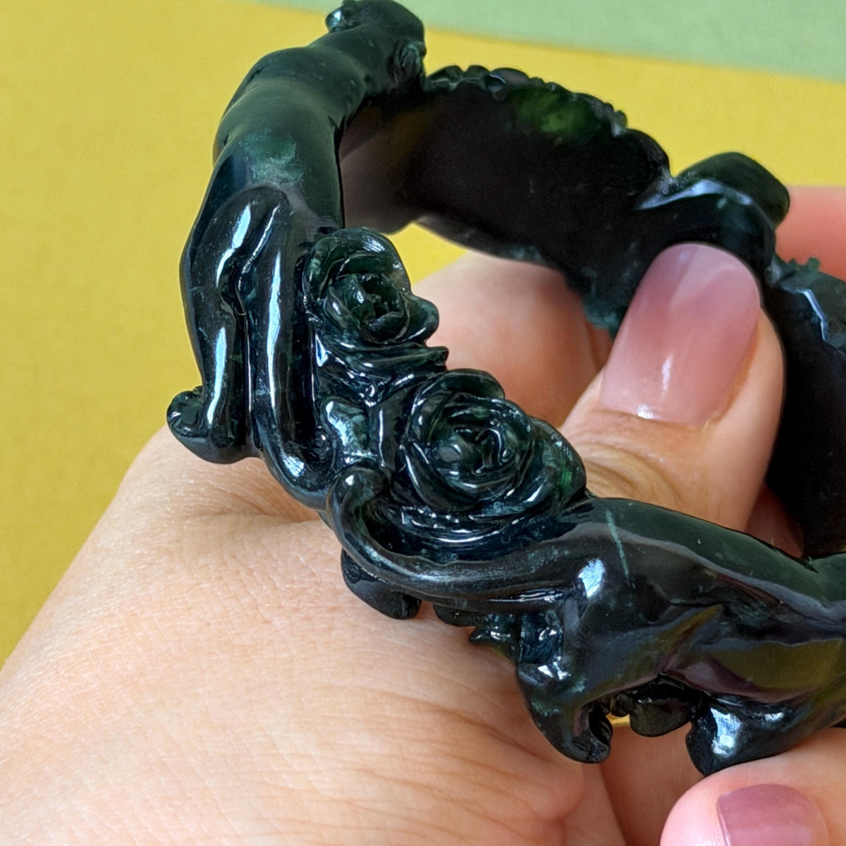 Custom Size 50-62mm! Xiu Jade Black Panther & Flower Hand Carved Bangle: Certified Natural Serpentine Deep Green Jade handcrafted Bracelet 3D stone carving Accept Customized order tailor-made bangle customized gift panther lover gift for her custom size bangle natural jade with certificate bracelet black jade certified jade stone bangle gemstone bracelet crystal bangle jade carving rose carving flower carving personalized gift make to order antique bracelet chinese untreated jade birthday gift