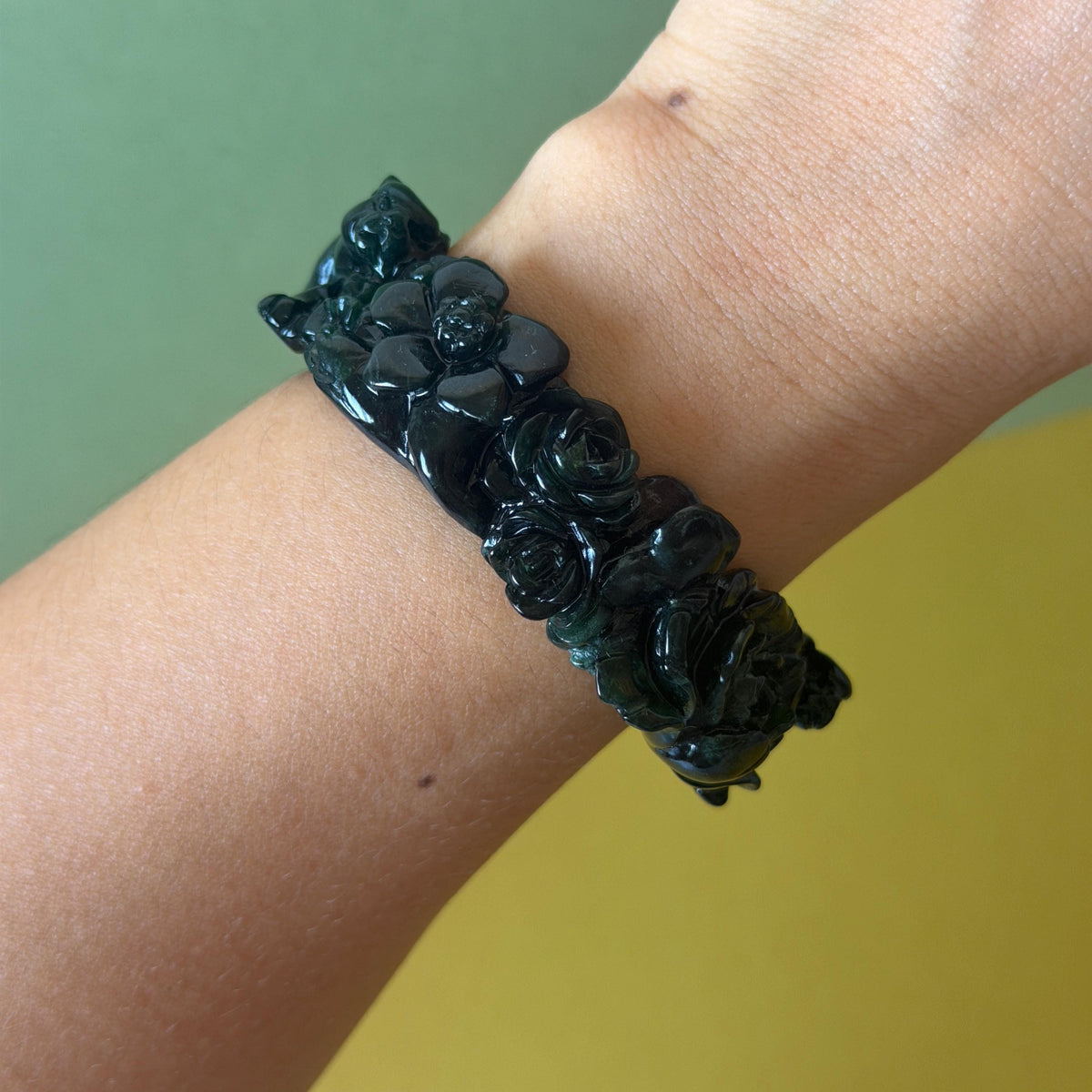 Custom Size 50-62mm! Xiu Jade Black Panther & Flower Hand Carved Bangle: Certified Natural Serpentine Deep Green Jade handcrafted Bracelet 3D stone carving Accept Customized order tailor-made bangle customized gift panther lover gift for her custom size bangle natural jade with certificate bracelet black jade certified jade stone bangle gemstone bracelet crystal bangle jade carving rose carving flower carving personalized gift make to order antique bracelet chinese untreated jade birthday gift