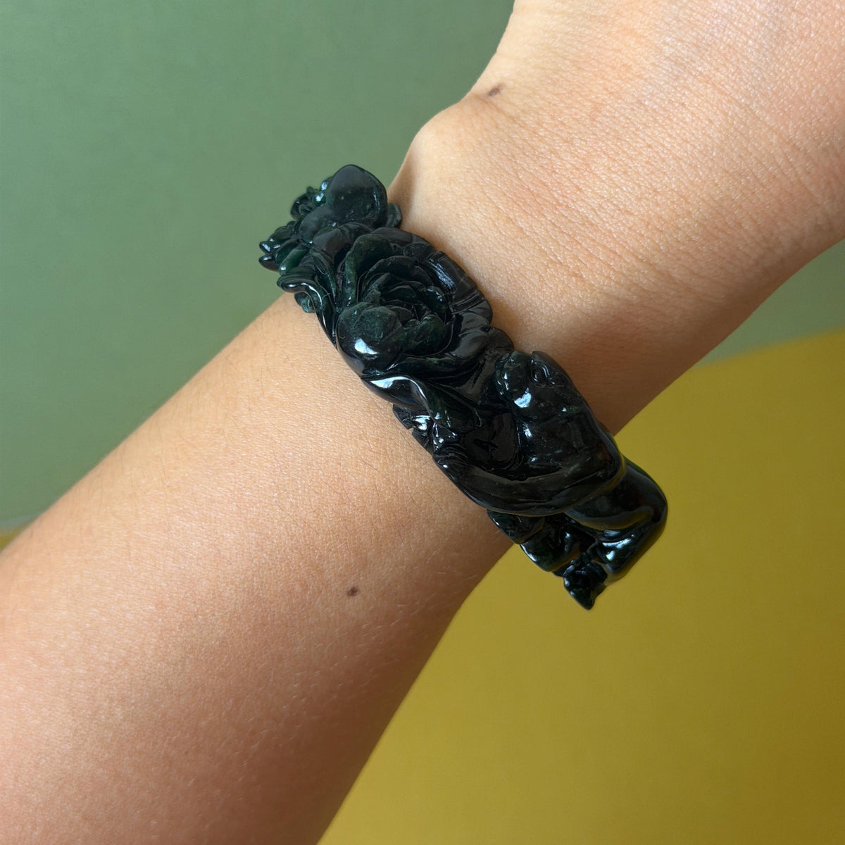 Custom Size 50-62mm! Xiu Jade Black Panther & Flower Hand Carved Bangle: Certified Natural Serpentine Deep Green Jade handcrafted Bracelet 3D stone carving Accept Customized order tailor-made bangle customized gift panther lover gift for her custom size bangle natural jade with certificate bracelet black jade certified jade stone bangle gemstone bracelet crystal bangle jade carving rose carving flower carving personalized gift make to order antique bracelet chinese untreated jade birthday gift