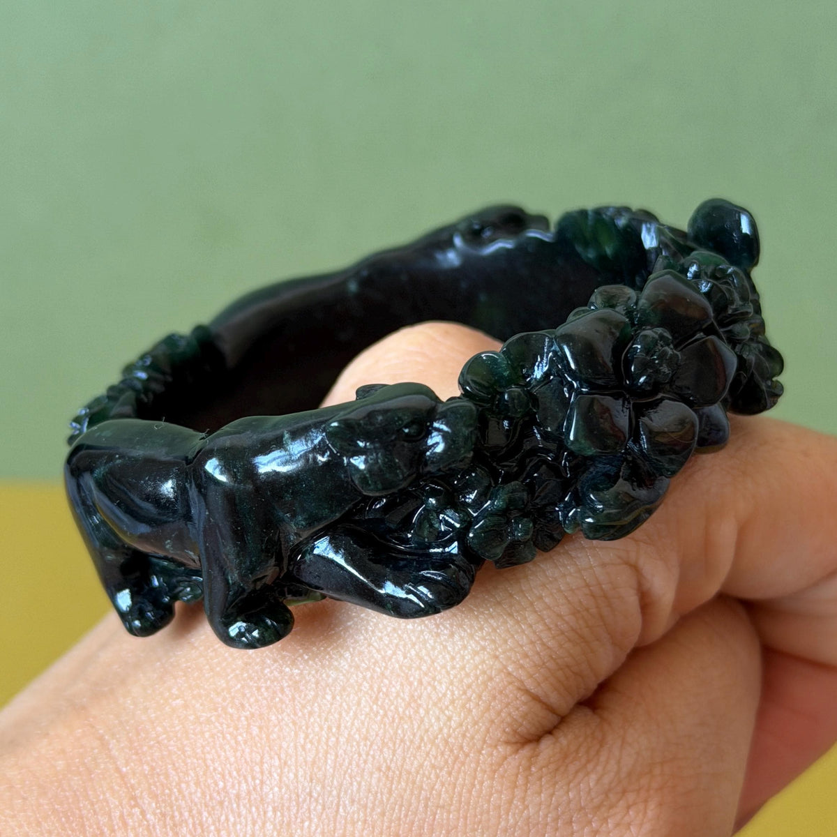 Custom Size 50-62mm! Xiu Jade Black Panther & Flower Hand Carved Bangle: Certified Natural Serpentine Deep Green Jade handcrafted Bracelet 3D stone carving Accept Customized order tailor-made bangle customized gift panther lover gift for her custom size bangle natural jade with certificate bracelet black jade certified jade stone bangle gemstone bracelet crystal bangle jade carving rose carving flower carving personalized gift make to order antique bracelet chinese untreated jade birthday gift