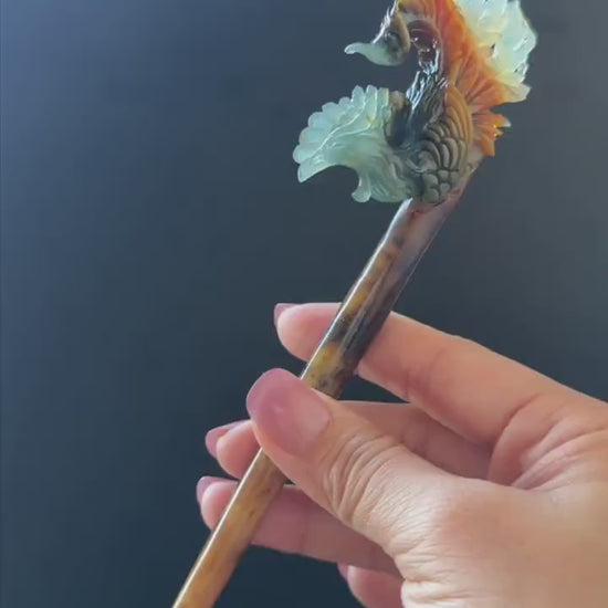 Xiu Jade (Serpentine) Hand Carved Phoenix Hair Pin: Natural Multi-coloured Brown, White, Blue Jade Hair Stick, 3D stone carving Hair Jewelry