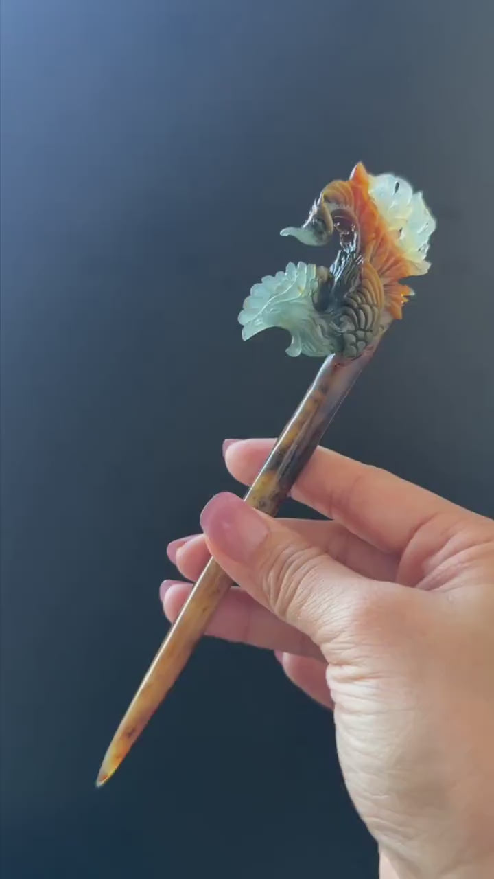 Xiu Jade (Serpentine) Hand Carved Phoenix Hair Pin: Natural Multi-coloured Brown, White, Blue Jade Hair Stick, 3D stone carving Hair Jewelry